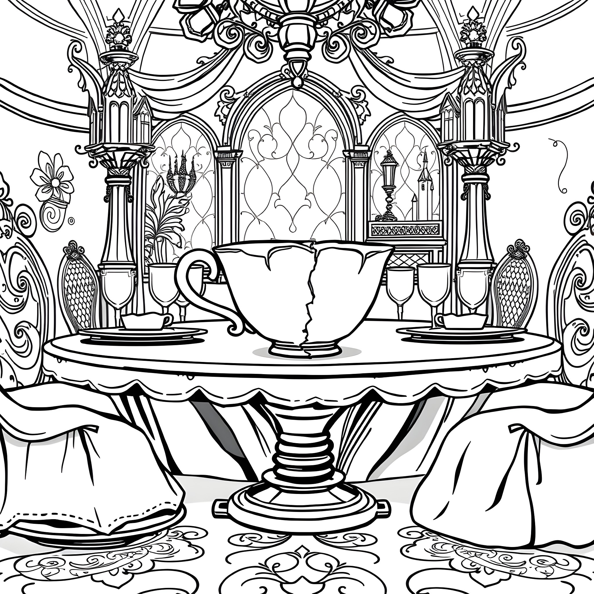 Chip's Elegant Dining in a Luxurious Setting Coloring Page (free black-and-white line drawing printable PDF for all, from beginners to advanced learners, including children, teens, adults, and seniors)