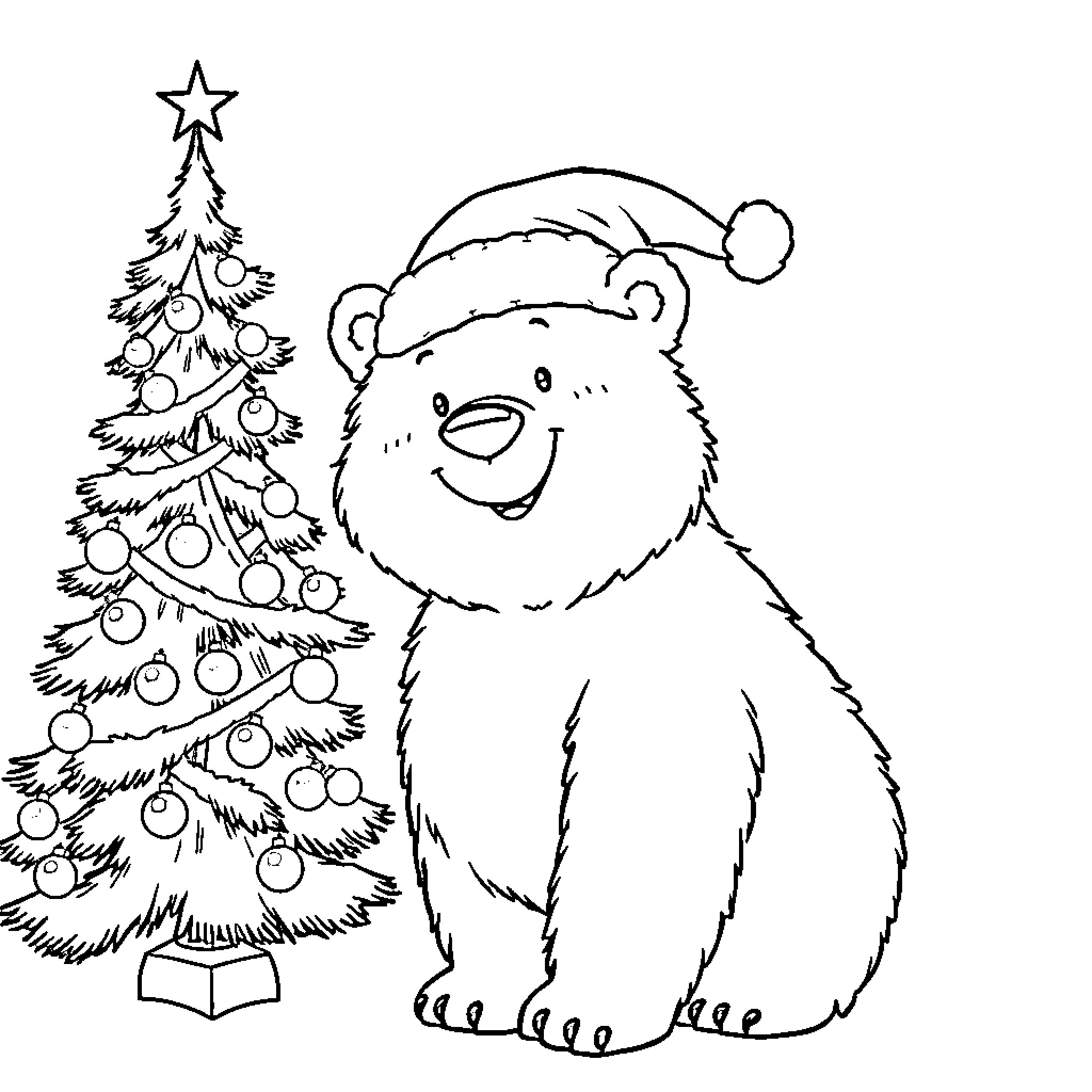 Polar Bear Enjoying the Christmas Tree Coloring Page (free black-and-white line drawing printable PDF for all, from beginners to advanced learners, including children, teens, adults, and seniors)