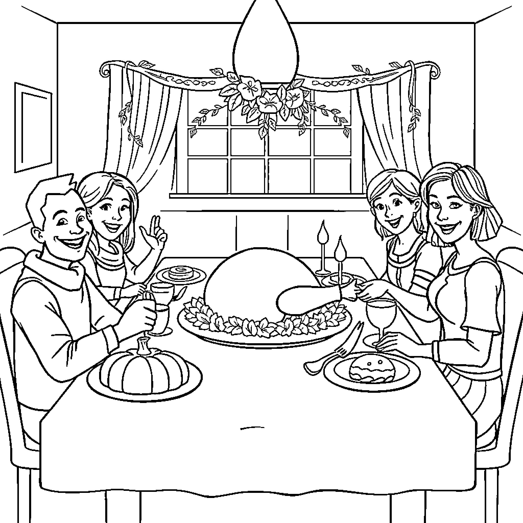 Family enjoying a festive meal together Coloring Page (free black-and-white line drawing printable PDF for all, from beginners to advanced learners, including children, teens, adults, and seniors)