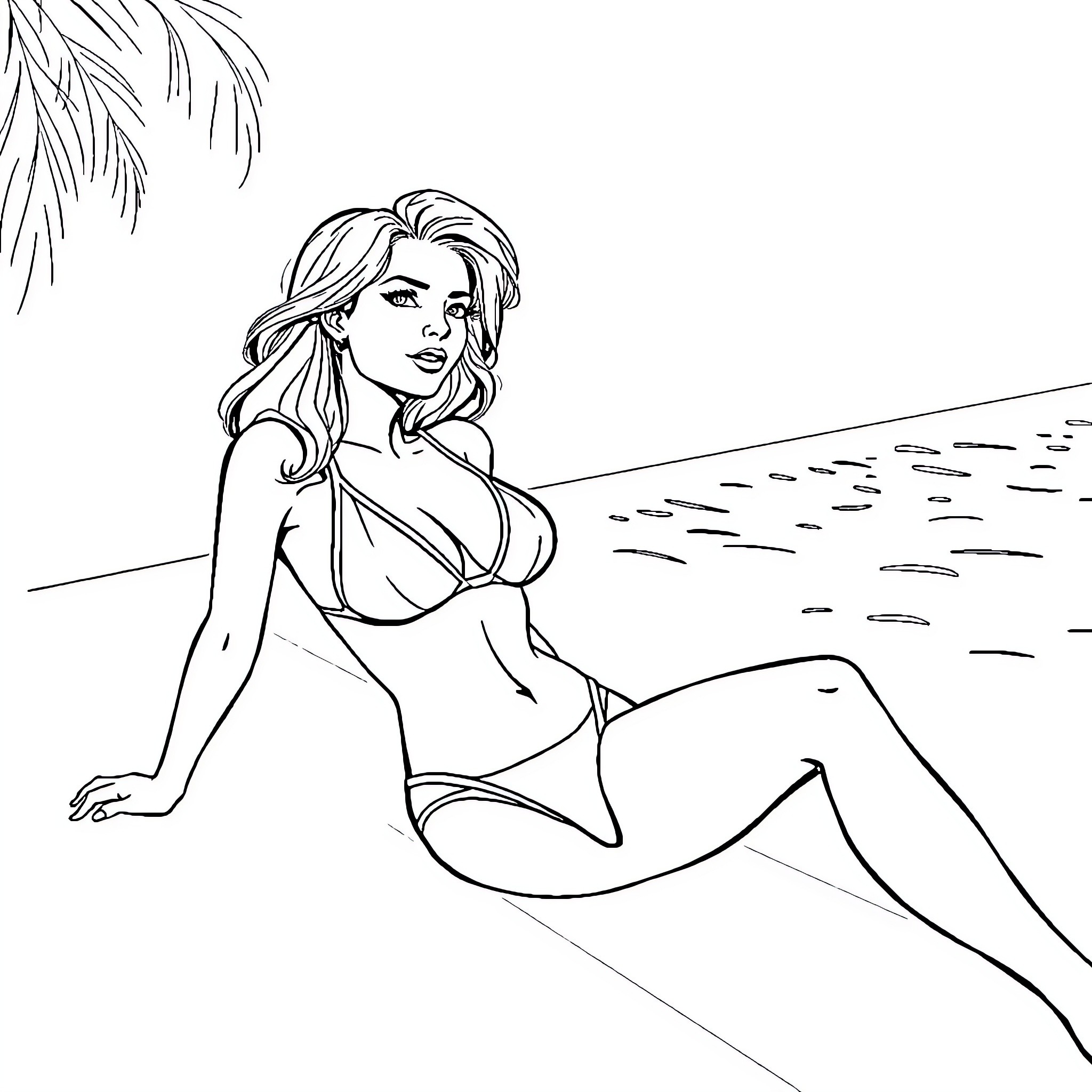 Female relaxing on beach in swimwear Coloring Page (free black-and-white line drawing printable PDF for all, from beginners to advanced learners, including children, teens, adults, and seniors)
