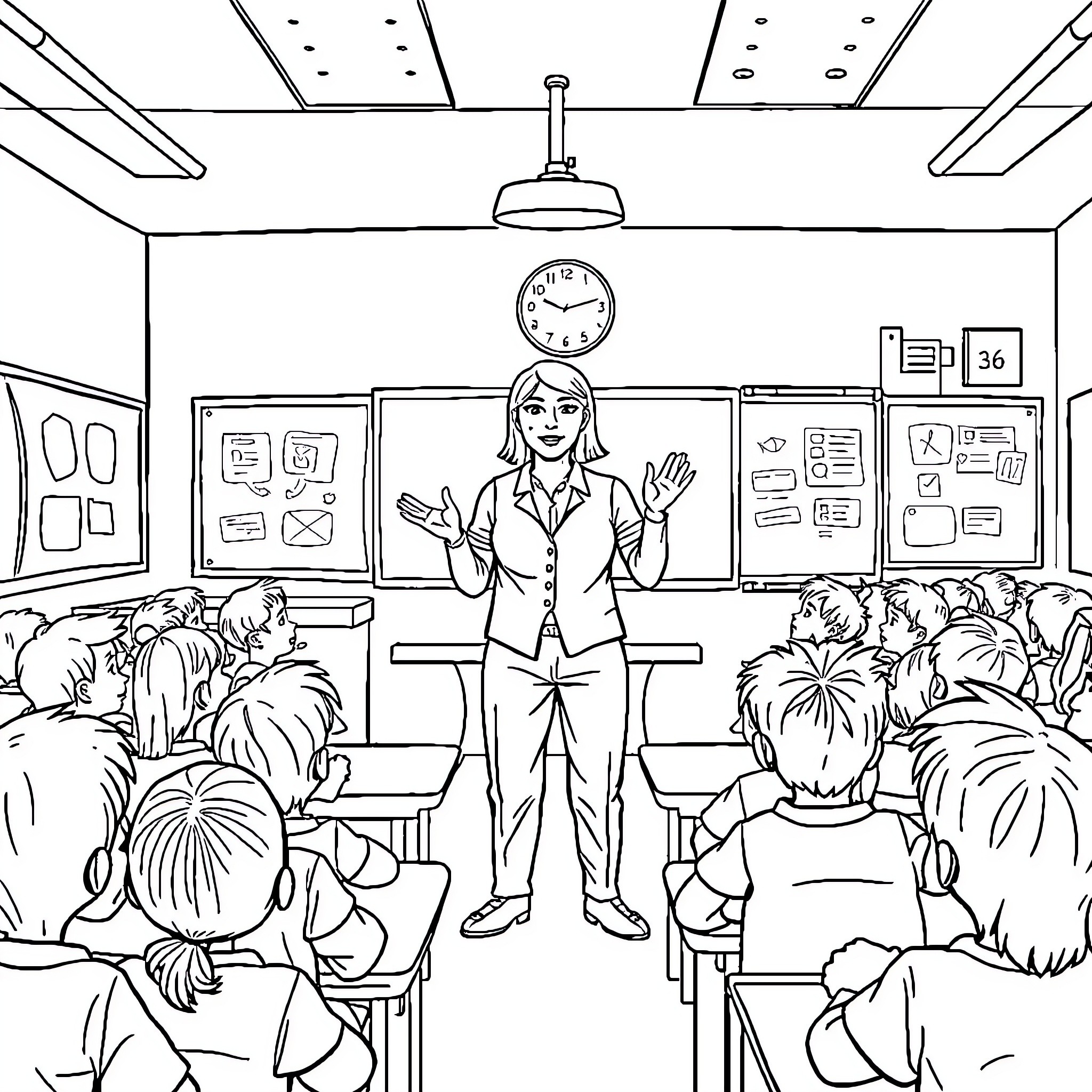 Teacher guiding attentive students in classroom Coloring Page (free black-and-white line drawing printable PDF for all, from beginners to advanced learners, including children, teens, adults, and seniors)