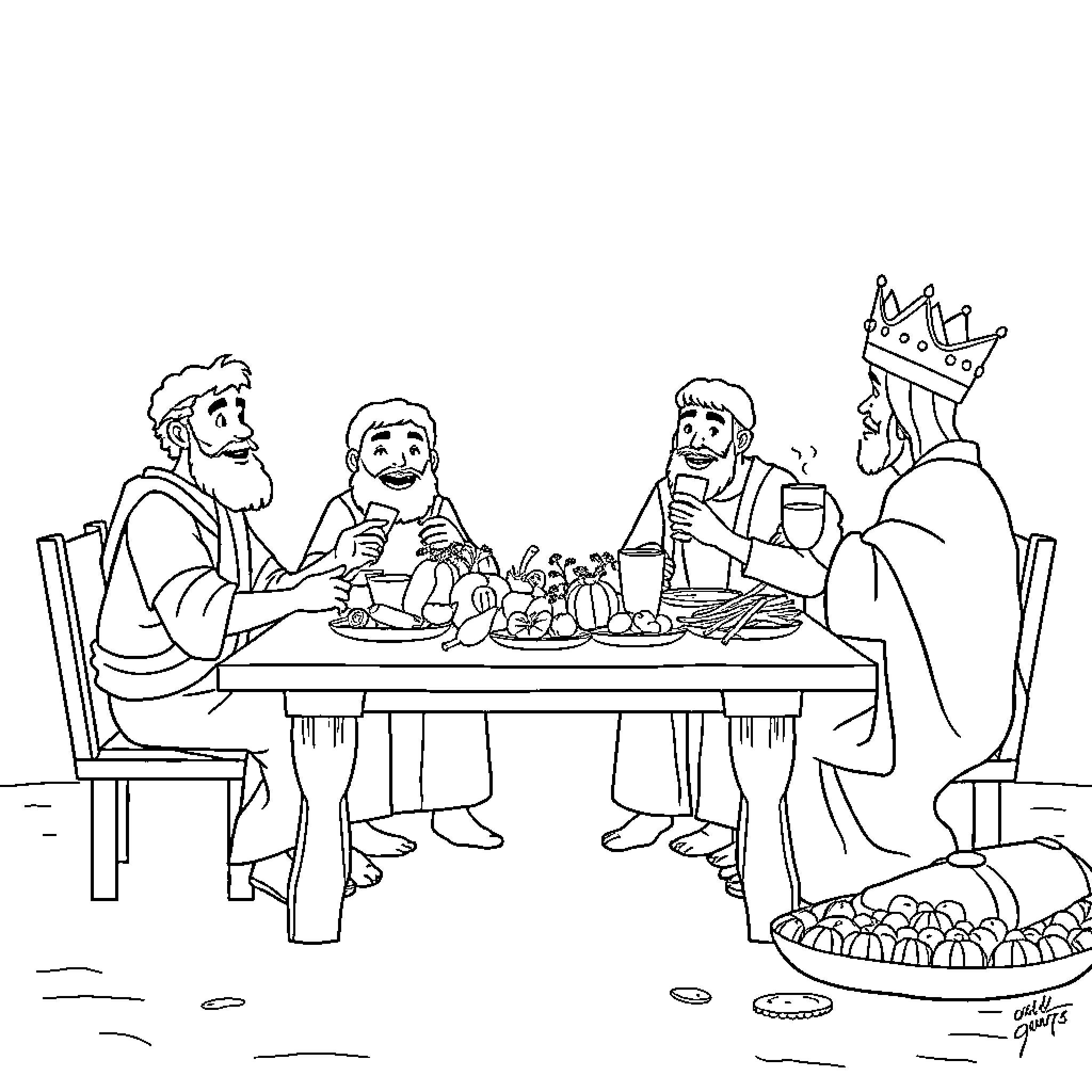 Daniel and Friends Enjoy a Festive Meal Together Coloring Page (free black-and-white line drawing printable PDF for all, from beginners to advanced learners, including children, teens, adults, and seniors)