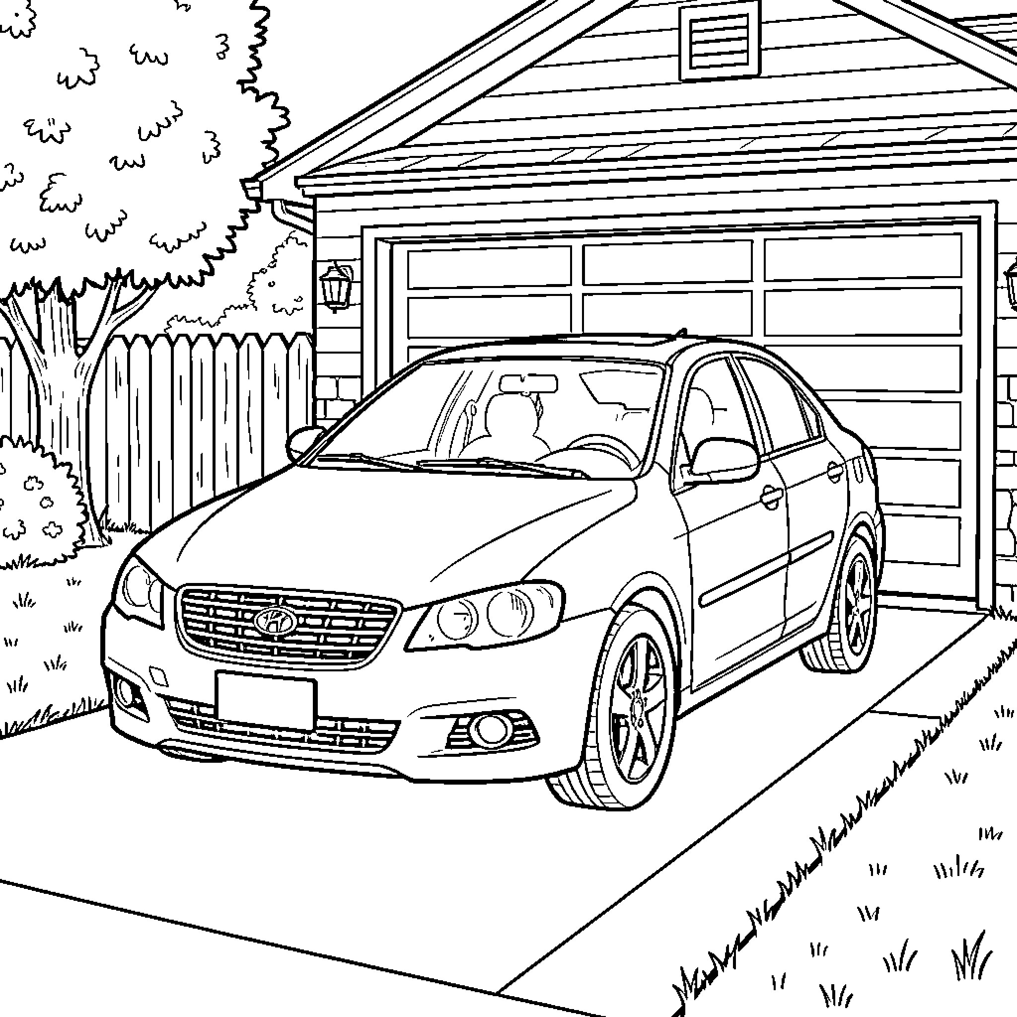 Car parked in a driveway in front of a garage Coloring Page (free black-and-white line drawing printable PDF for all, from beginners to advanced learners, including children, teens, adults, and seniors)