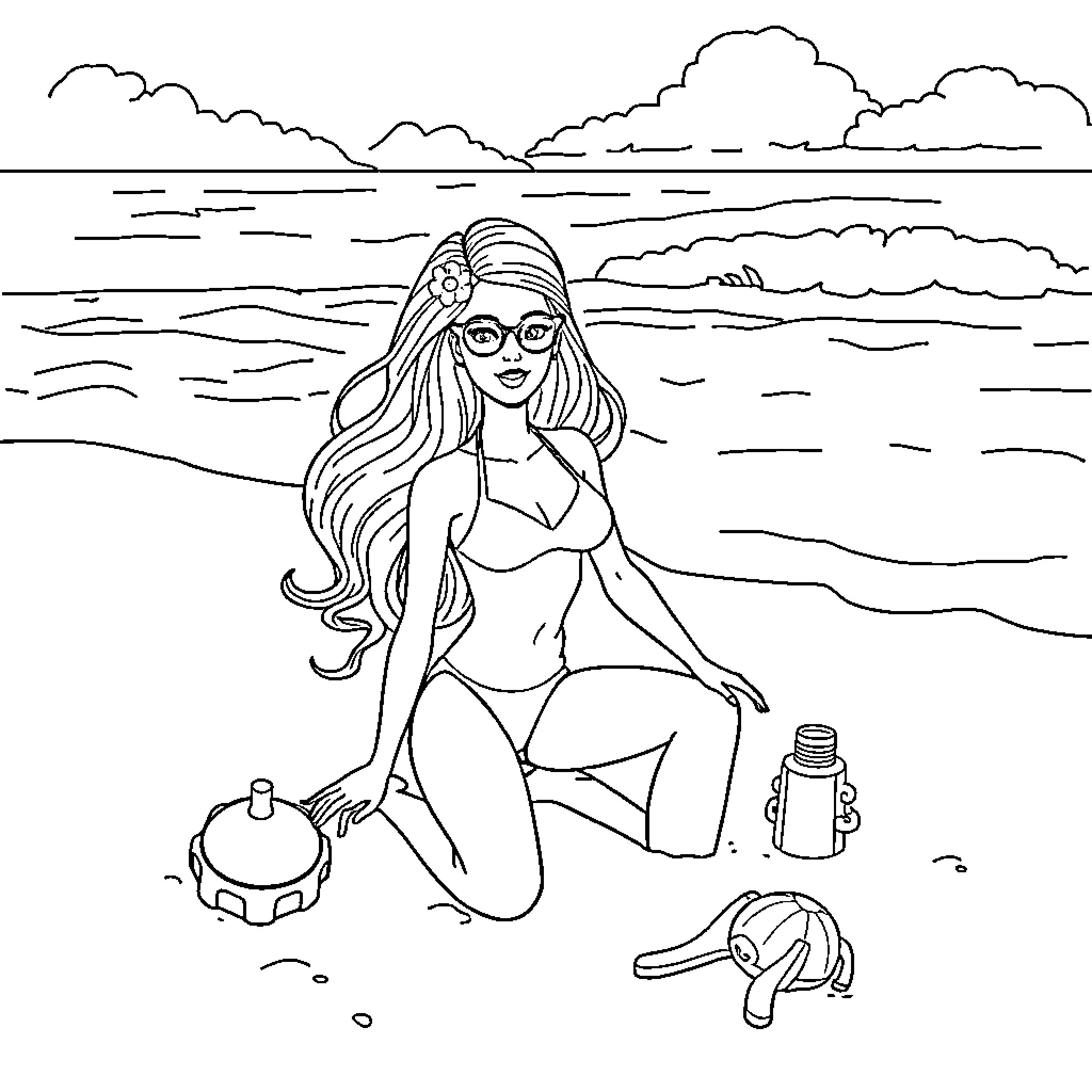Barbie enjoying a sunny day at the beach Coloring Page (free black-and-white line drawing printable PDF for all, from beginners to advanced learners, including children, teens, adults, and seniors)