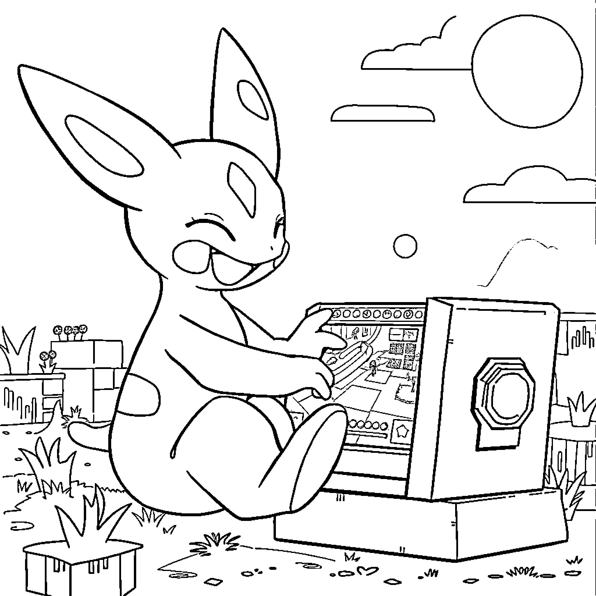 Mewtwo relaxing and playing with a game console Coloring Page (free black-and-white line drawing printable PDF for all, from beginners to advanced learners, including children, teens, adults, and seniors)