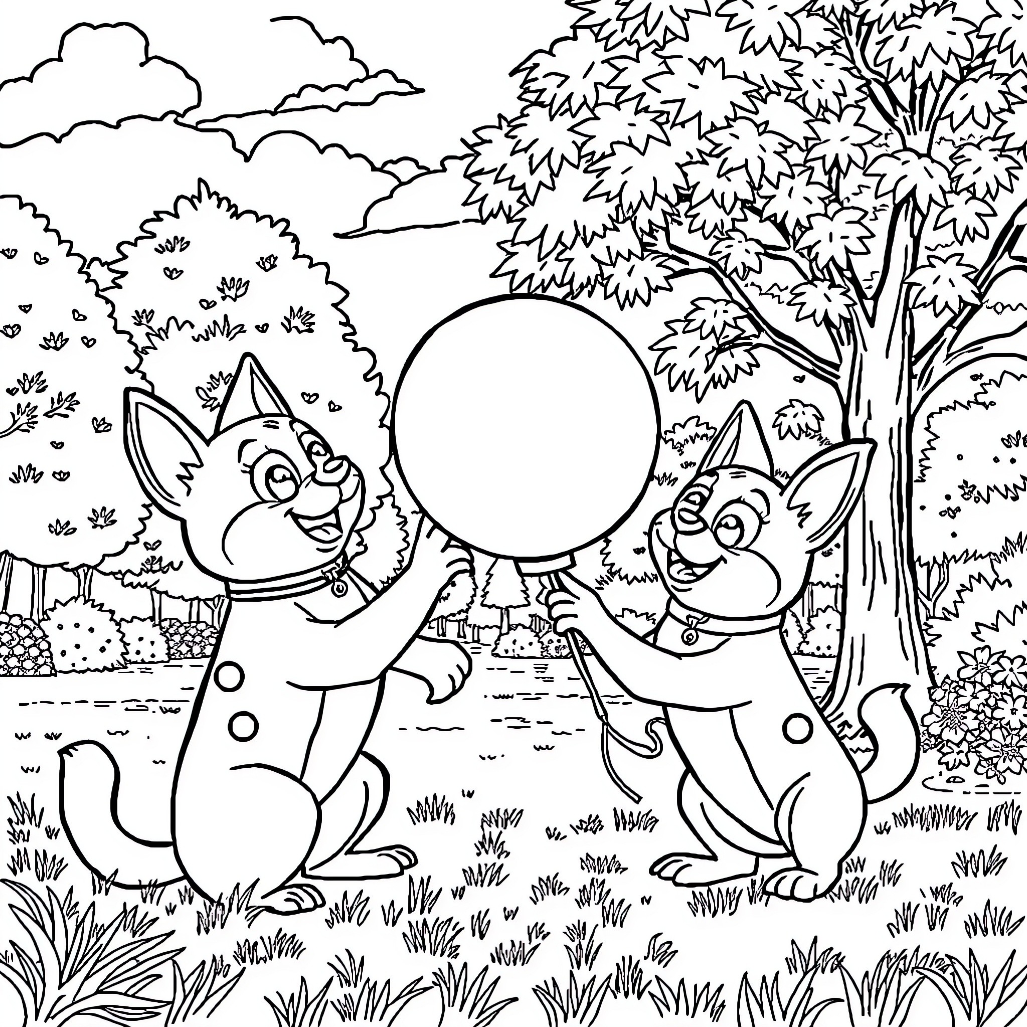 Pat's Fun Outdoor Adventure with Furry Friends Coloring Page (free black-and-white line drawing printable PDF for all, from beginners to advanced learners, including children, teens, adults, and seniors)