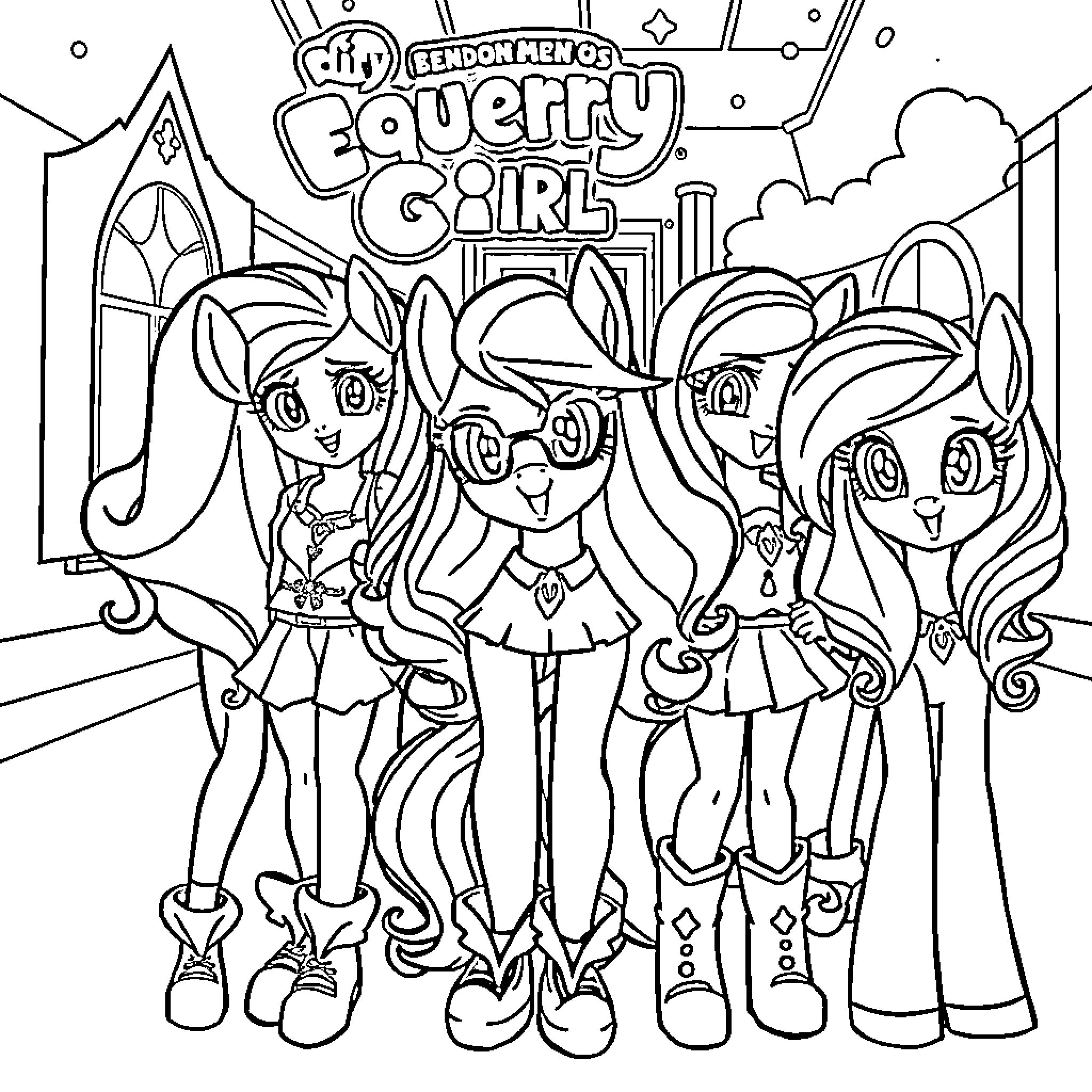 Equestria Girl Friends Posing Together Coloring Page (free black-and-white line drawing printable PDF for all, from beginners to advanced learners, including children, teens, adults, and seniors)