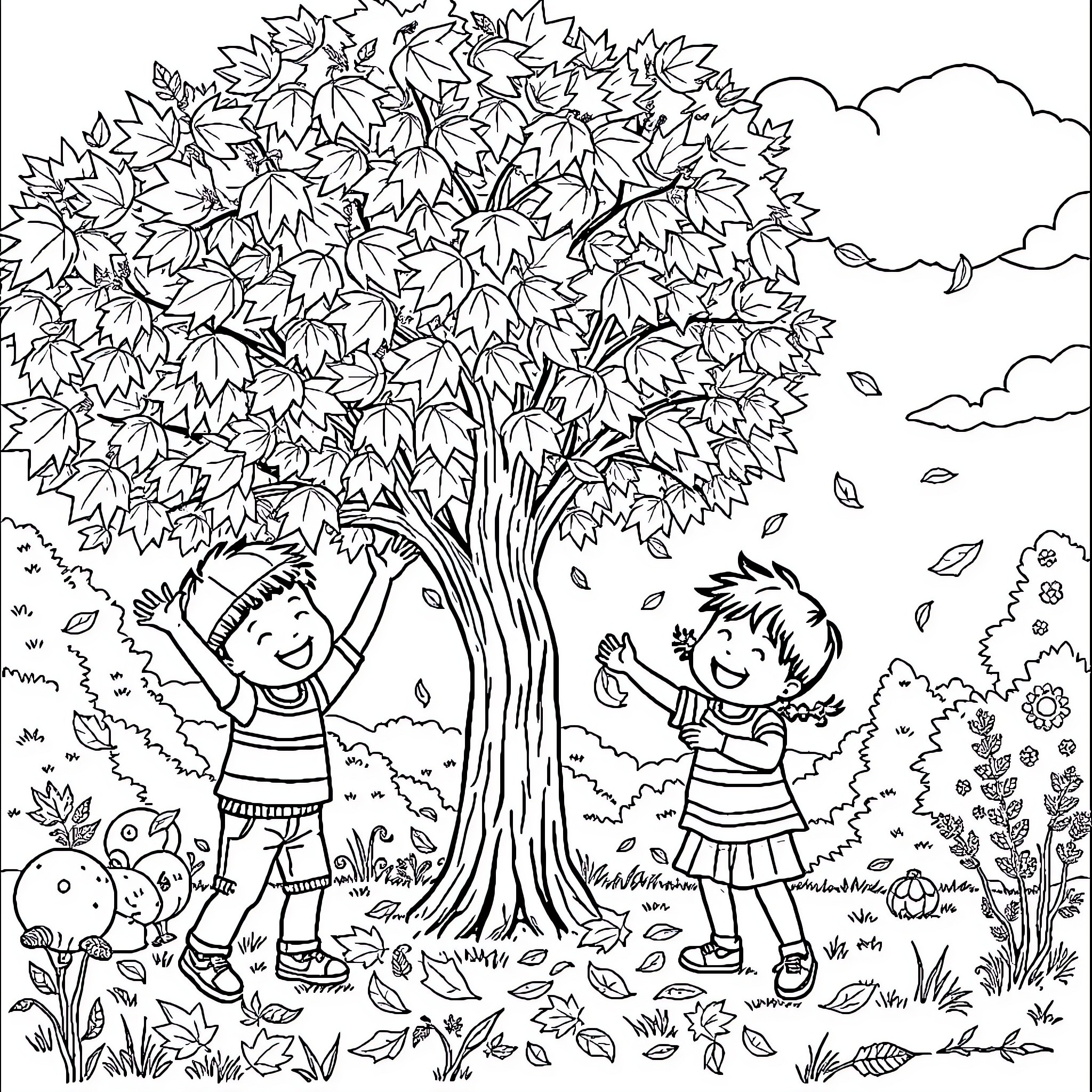 Kid playing in the autumn leaves with a friend Coloring Page (free black-and-white line drawing printable PDF for all, from beginners to advanced learners, including children, teens, adults, and seniors)