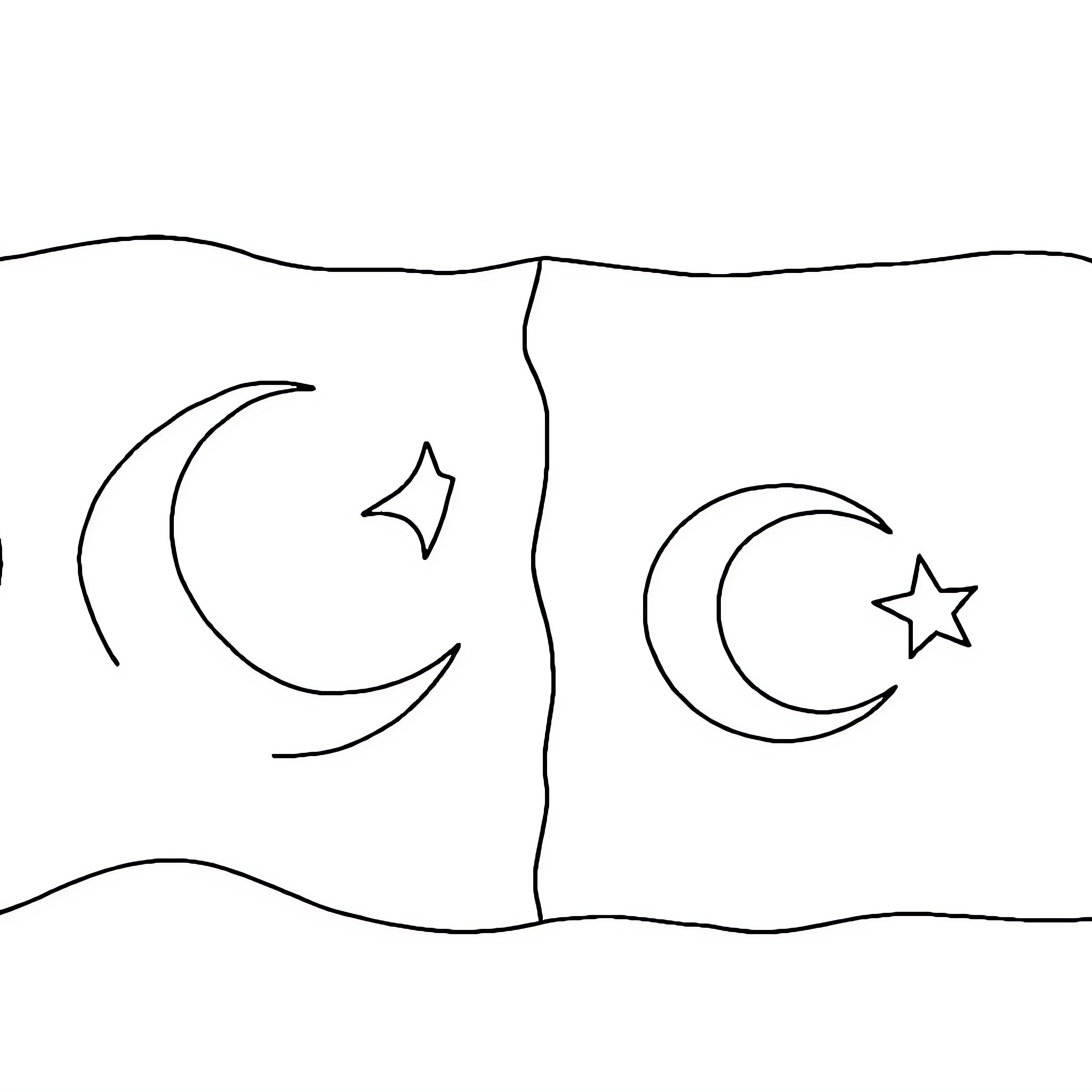 Flag with crescent moons and stars in the night sky Coloring Page (free black-and-white line drawing printable PDF for all, from beginners to advanced learners, including children, teens, adults, and seniors)