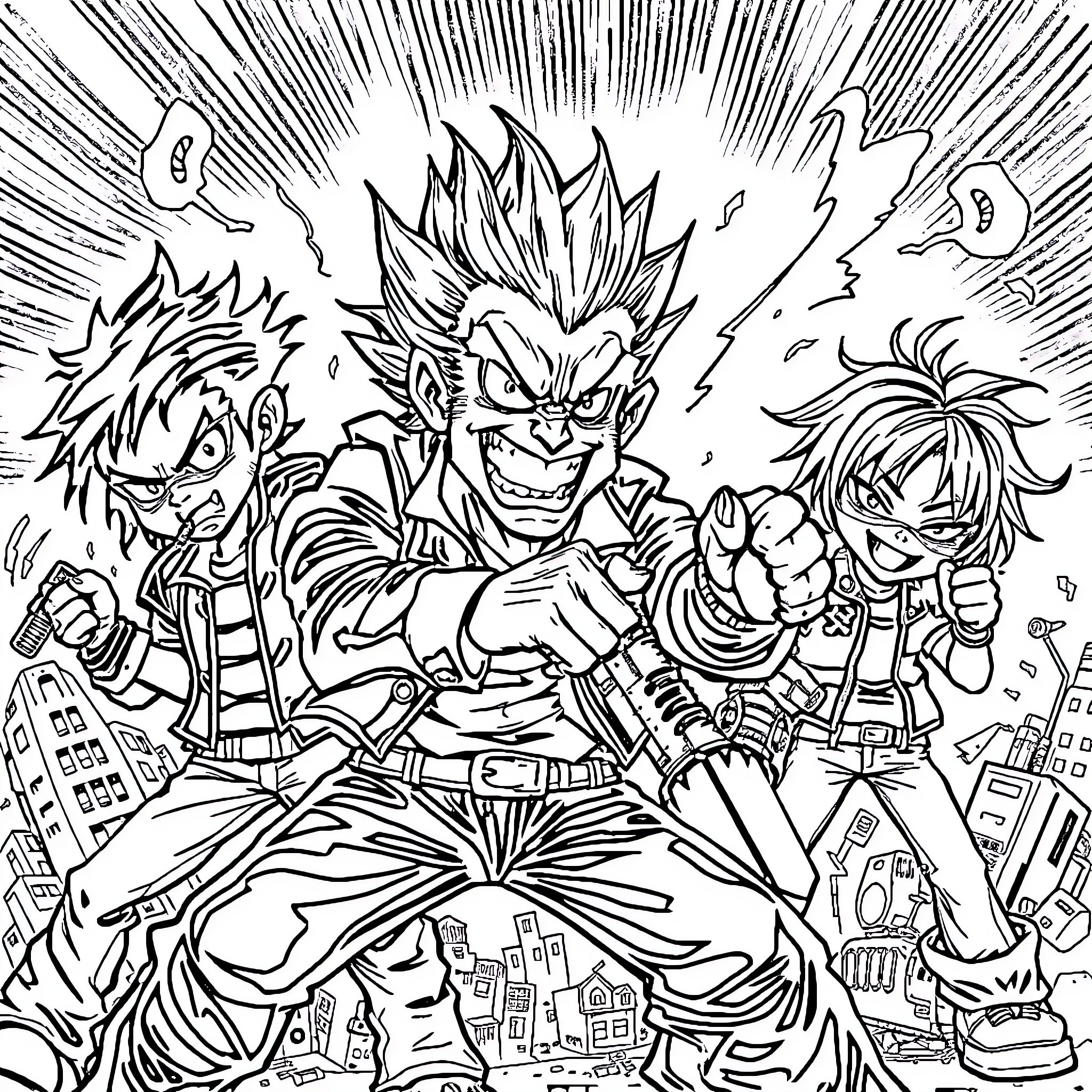 Heavy Metal Heroic Clash in Chaotic City Coloring Page (free black-and-white line drawing printable PDF for all, from beginners to advanced learners, including children, teens, adults, and seniors)
