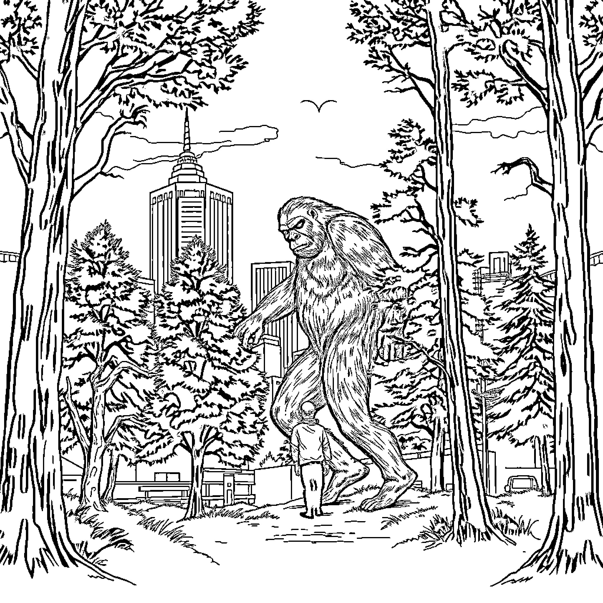 Big Foot stalking in the urban forest Coloring Page (free black-and-white line drawing printable PDF for all, from beginners to advanced learners, including children, teens, adults, and seniors)