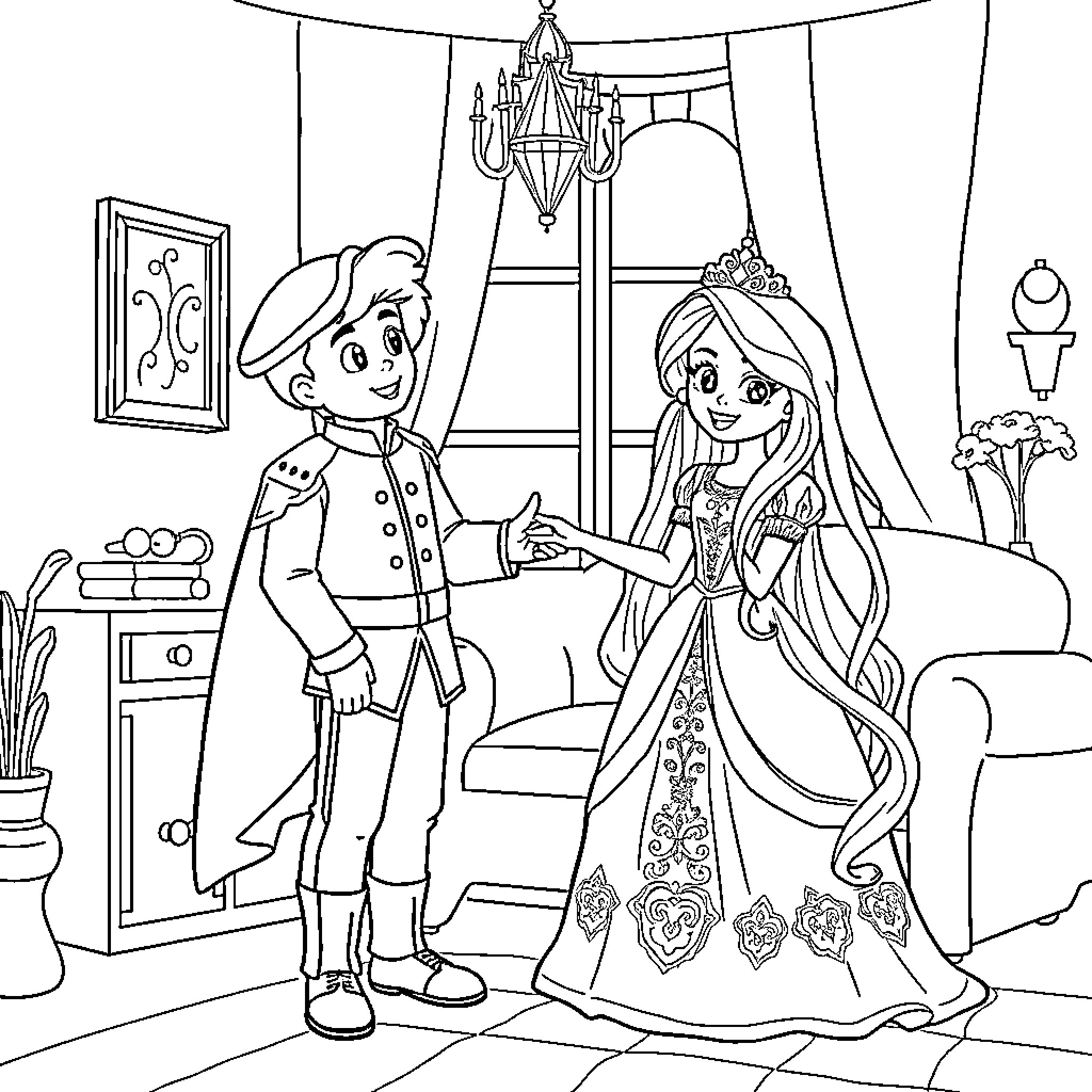 Princess and Prince in Conversation Coloring Page (free black-and-white line drawing printable PDF for all, from beginners to advanced learners, including children, teens, adults, and seniors)
