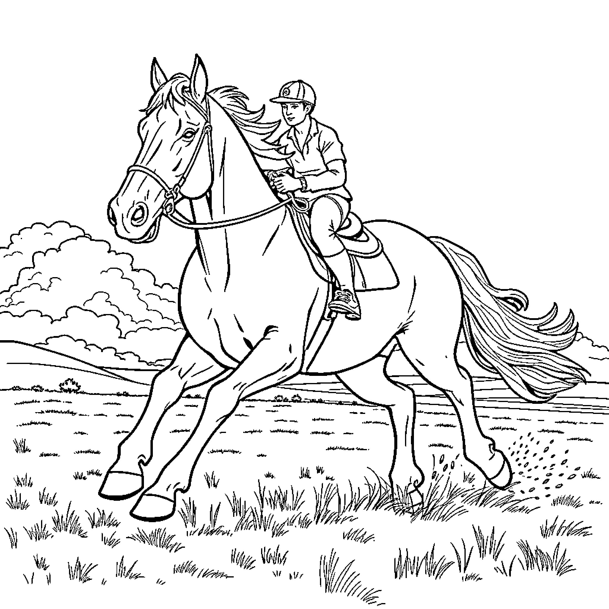 Clydesdale horse rider in outdoor field Coloring Page (free black-and-white line drawing printable PDF for all, from beginners to advanced learners, including children, teens, adults, and seniors)