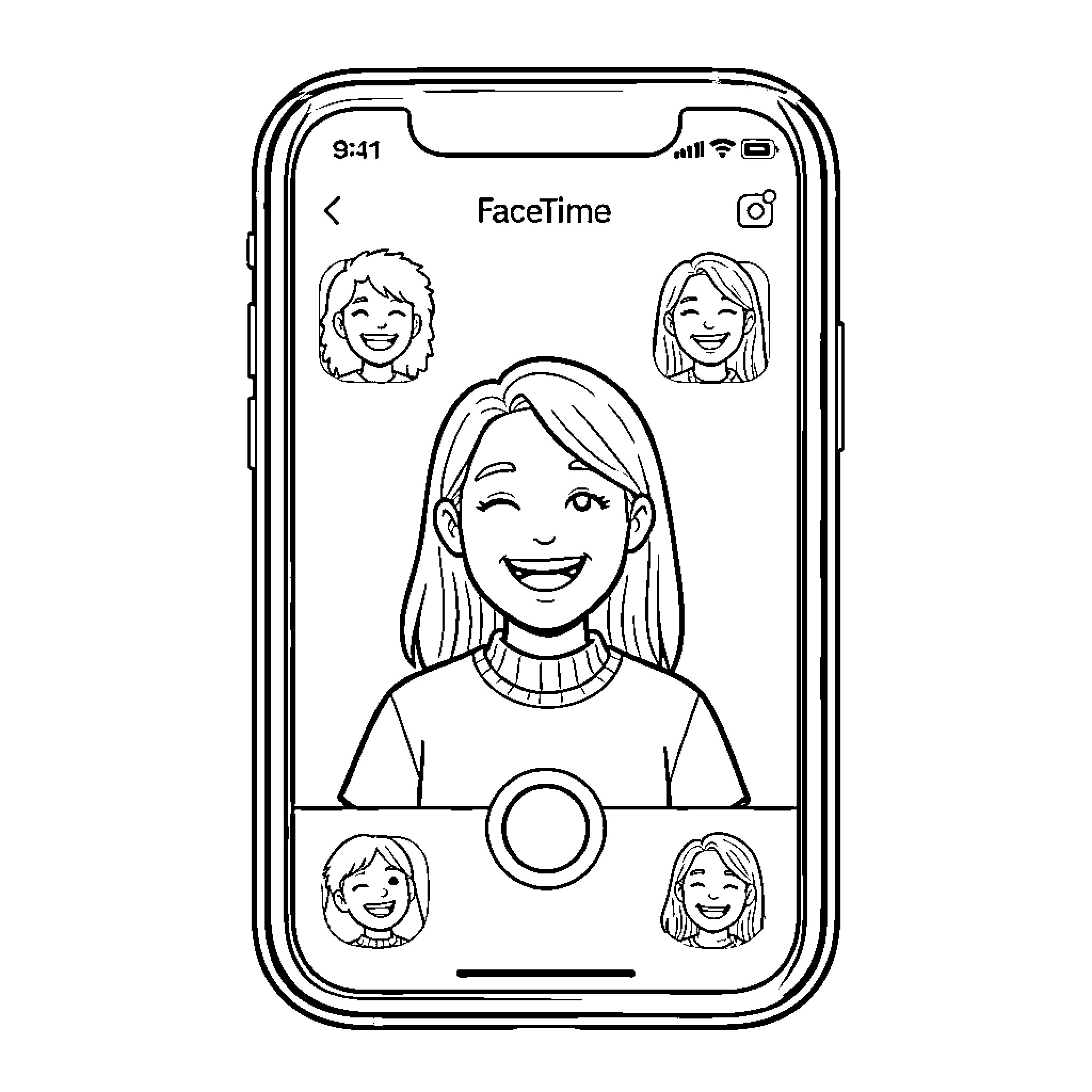 Facetime Call with Friends and Family Coloring Page (free black-and-white line drawing printable PDF for all, from beginners to advanced learners, including children, teens, adults, and seniors)