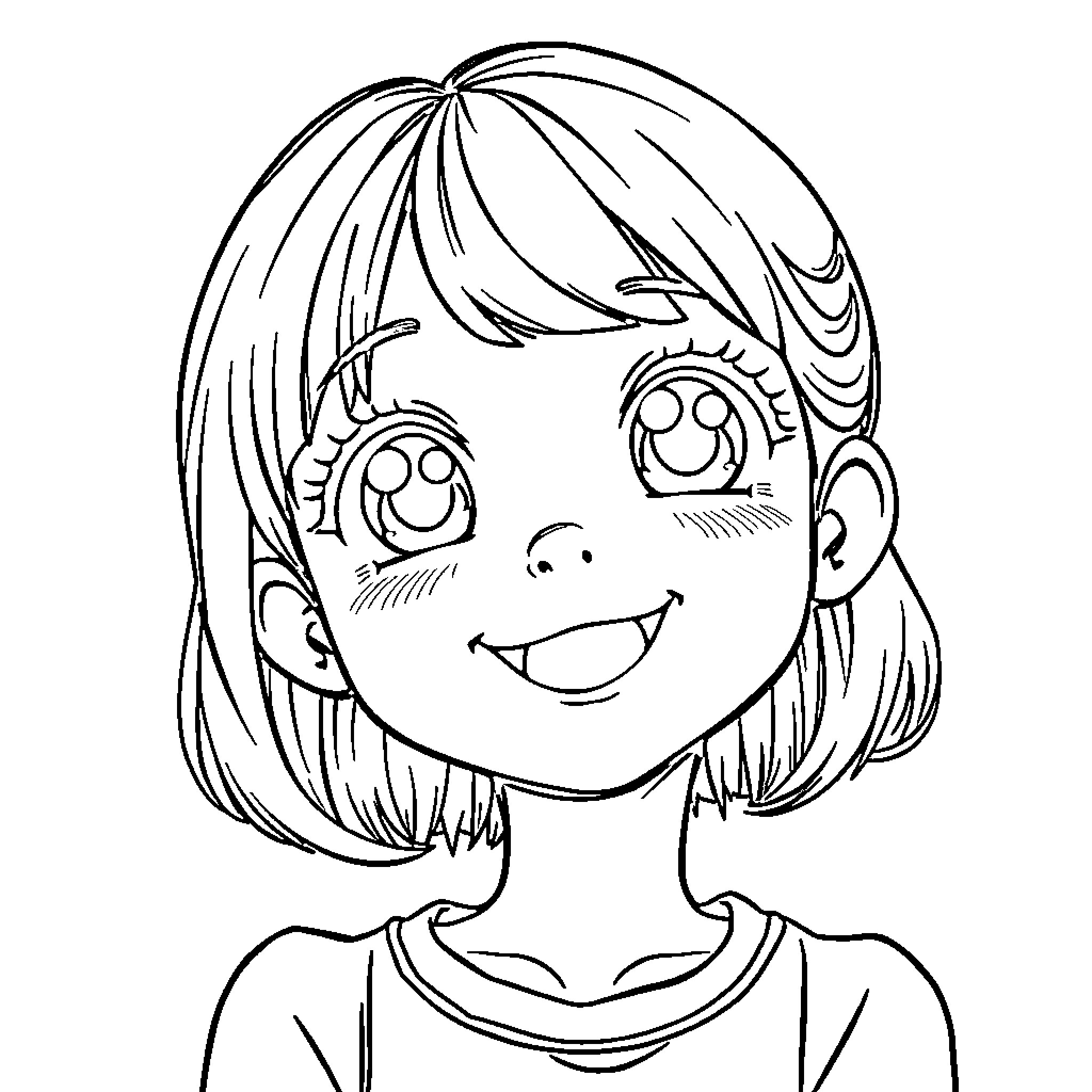 Girl with Cheerful Facial Expression Coloring Page (free black-and-white line drawing printable PDF for all, from beginners to advanced learners, including children, teens, adults, and seniors)