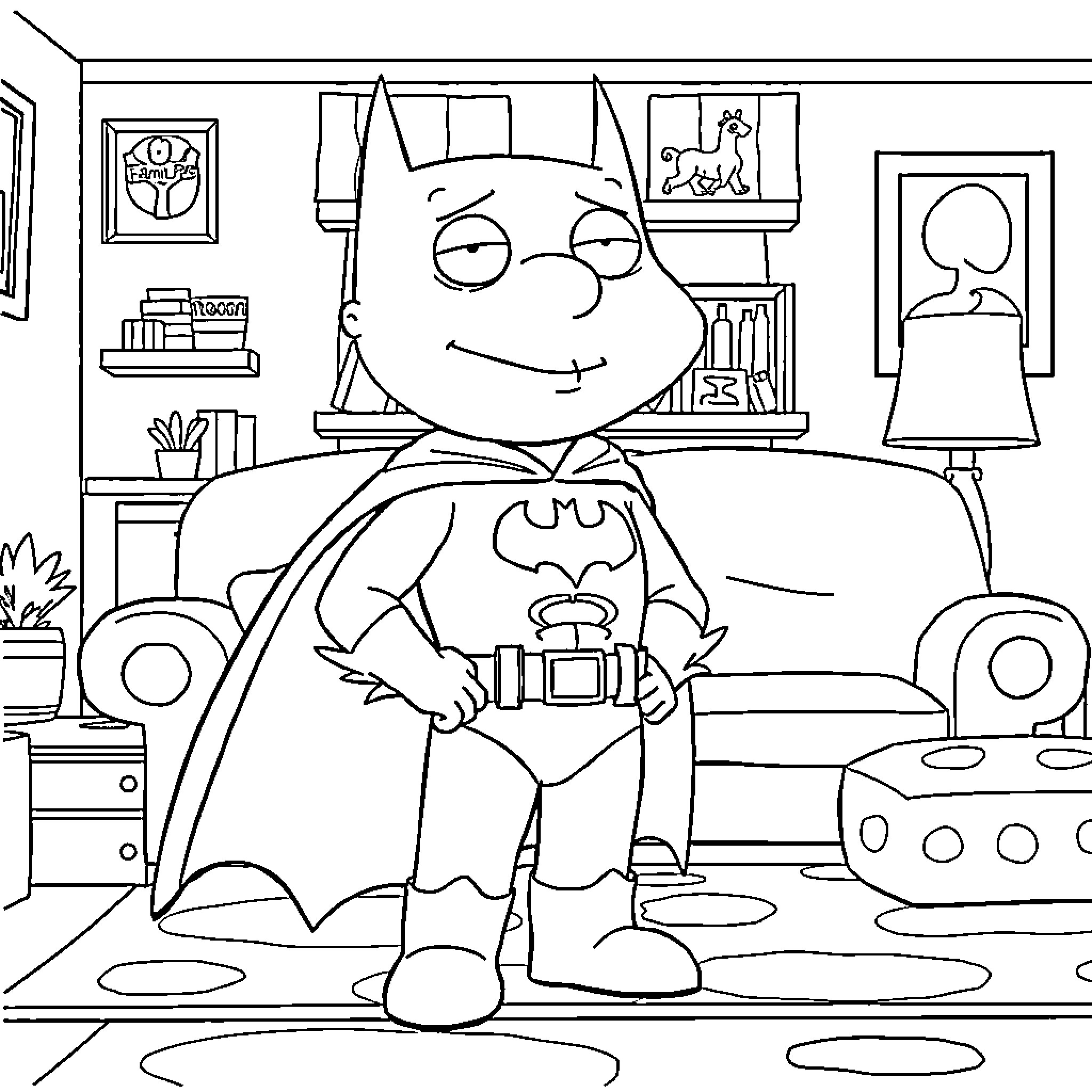 Stewie Griffin dressed as Batman in his room Coloring Page (free black-and-white line drawing printable PDF for all, from beginners to advanced learners, including children, teens, adults, and seniors)