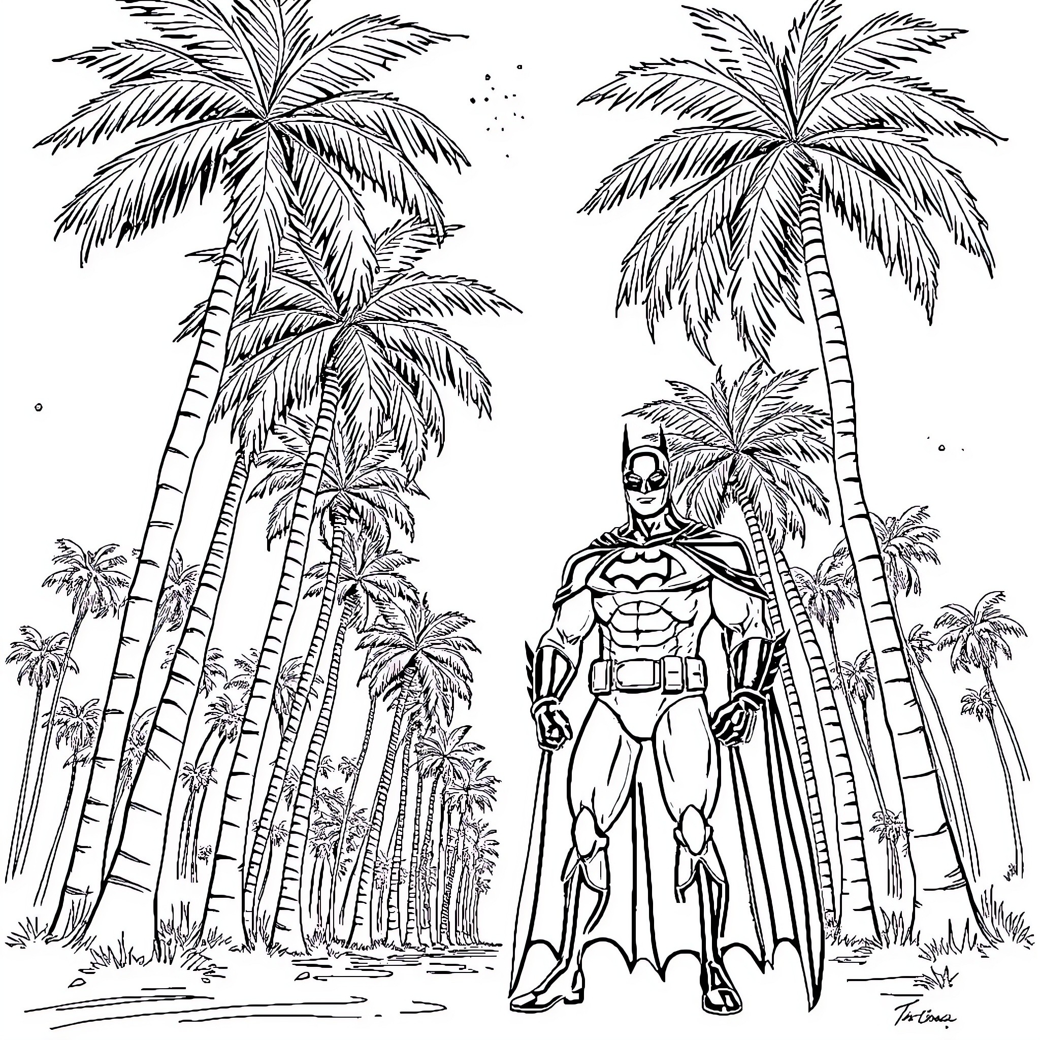 Batman surveying the tropical palm tree landscape Coloring Page (free black-and-white line drawing printable PDF for all, from beginners to advanced learners, including children, teens, adults, and seniors)