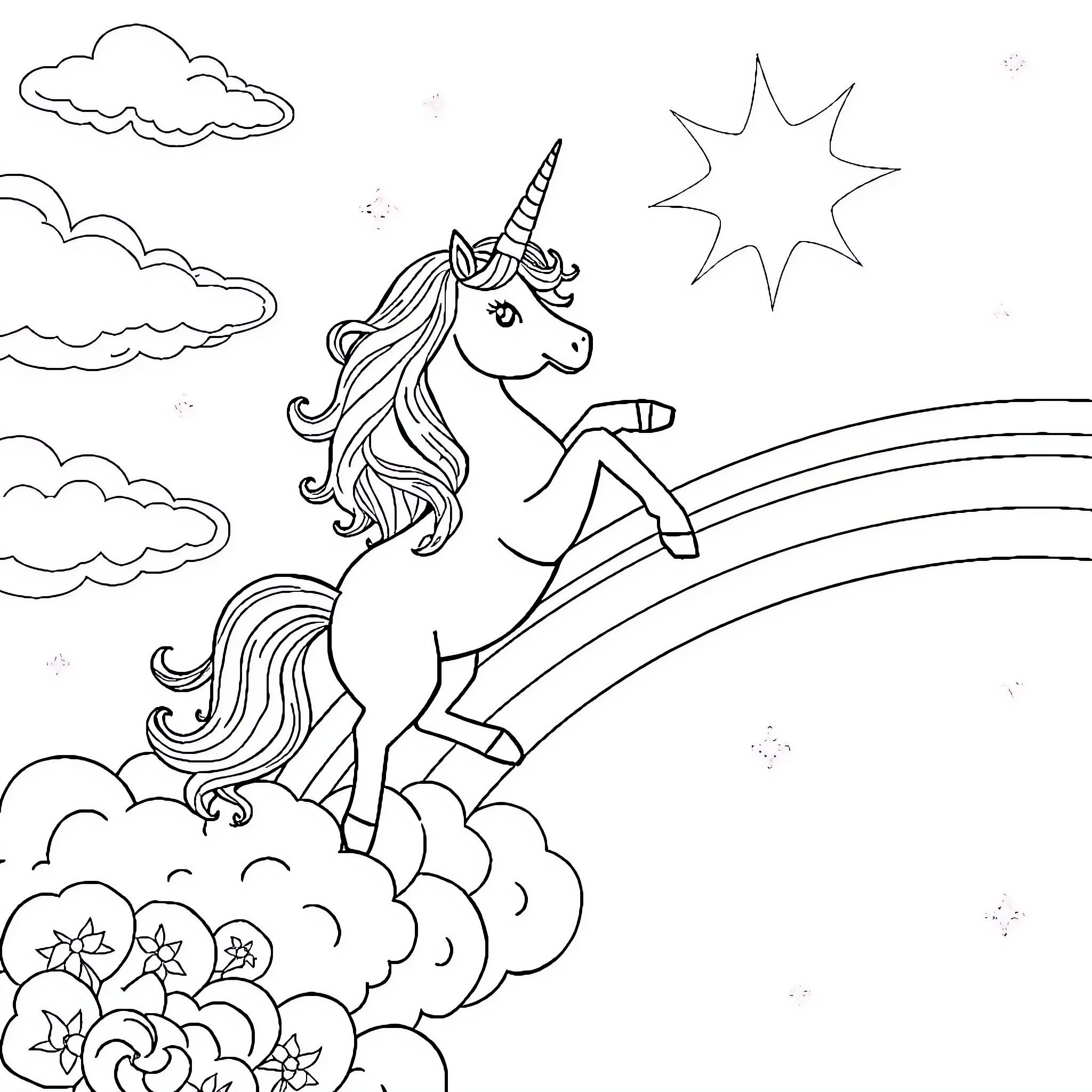 Unicorn running through starry sky Coloring Page (free black-and-white line drawing printable PDF for all, from beginners to advanced learners, including children, teens, adults, and seniors)