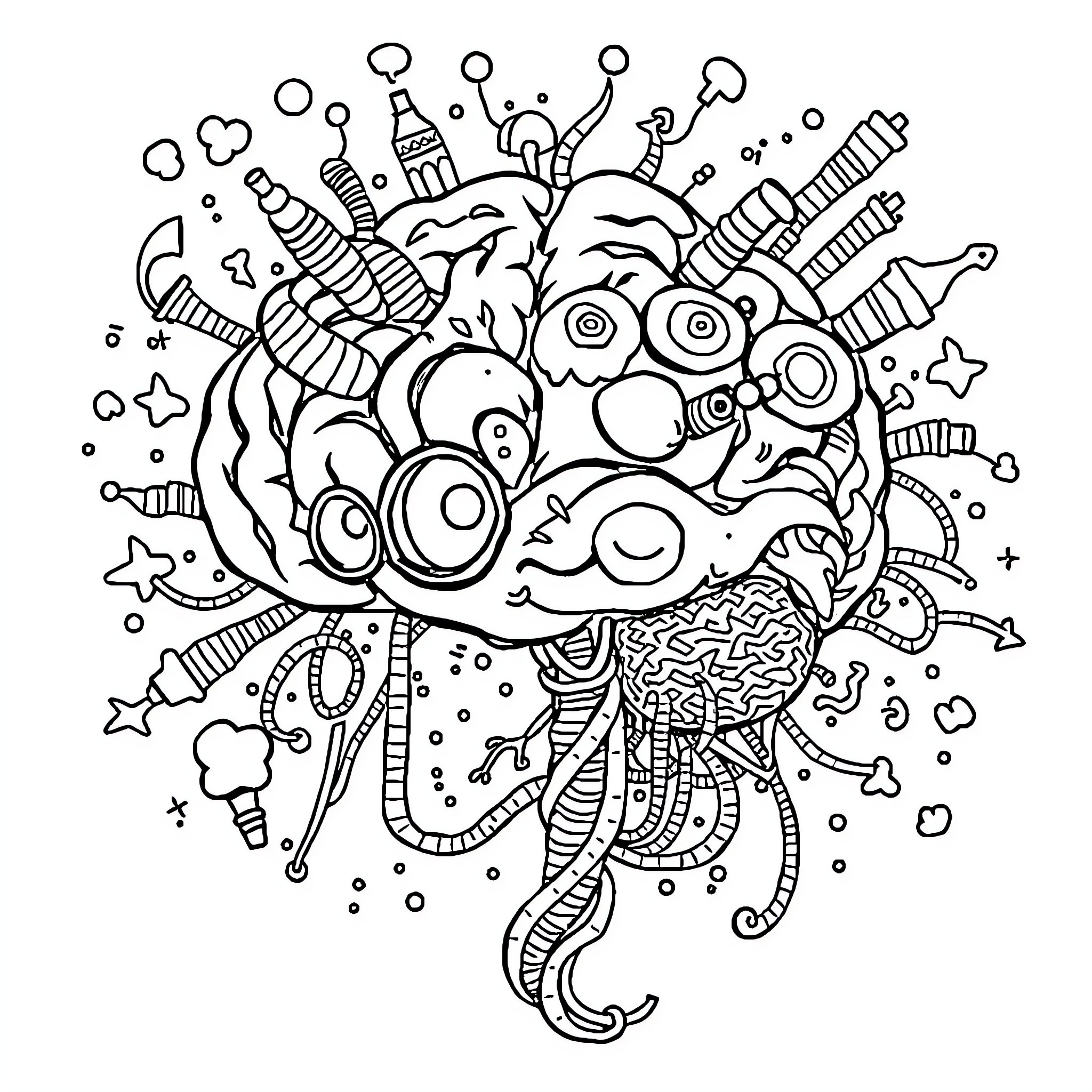 Brainrot: Whimsical Abstract Doodle Explosion Coloring Page (free black-and-white line drawing printable PDF for all, from beginners to advanced learners, including children, teens, adults, and seniors)