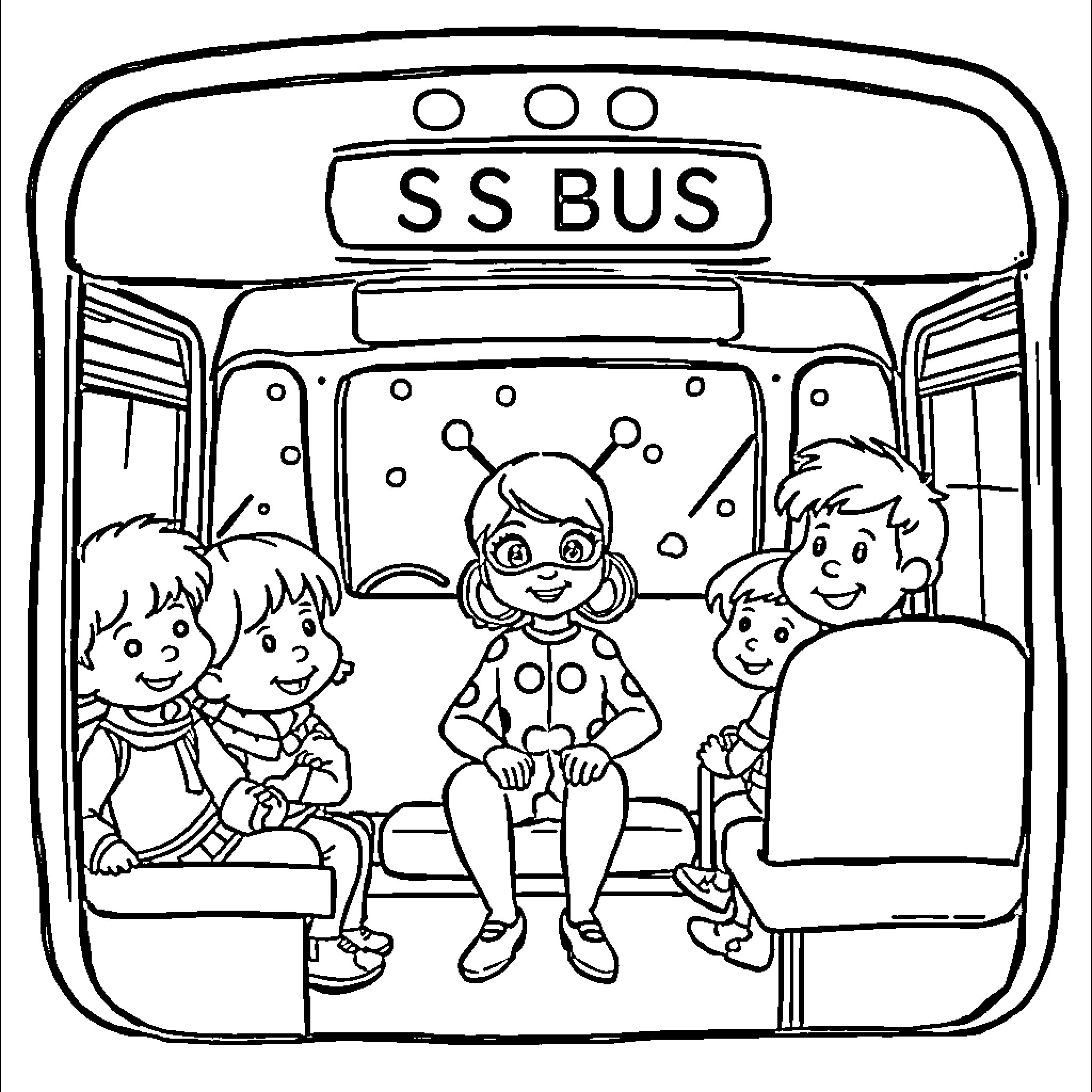 Ladybug and children riding on the school bus Coloring Page (free black-and-white line drawing printable PDF for all, from beginners to advanced learners, including children, teens, adults, and seniors)
