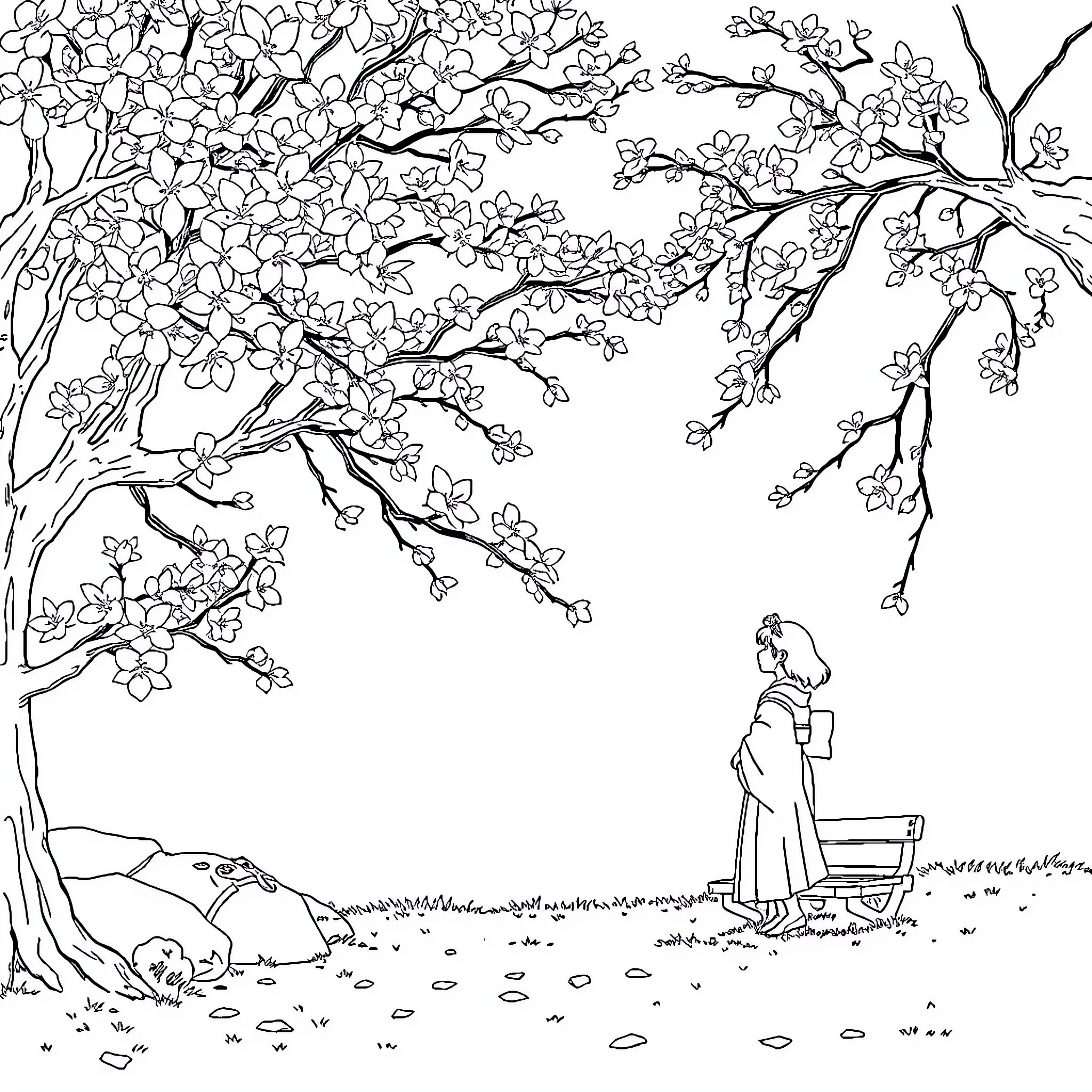 Sakura Cherry Blossoms in Full Bloom Coloring Page (free black-and-white line drawing printable PDF for all, from beginners to advanced learners, including children, teens, adults, and seniors)