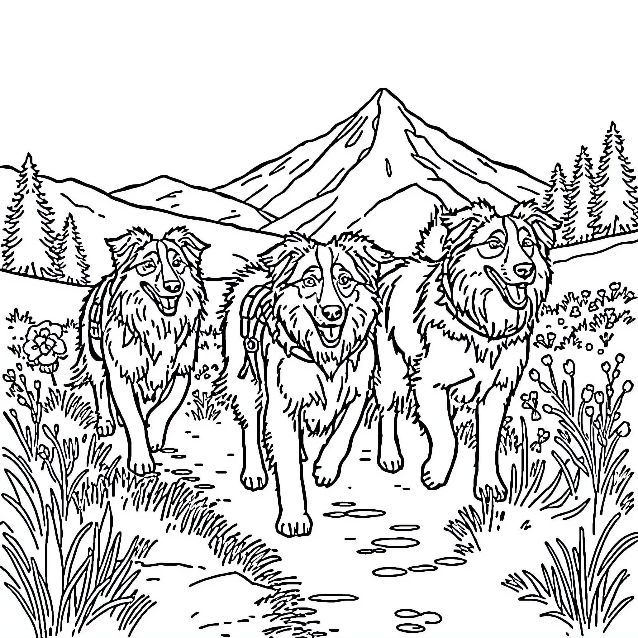 Australian Shepherd Dogs Frolicking in the Wilderness Coloring Page (free black-and-white line drawing printable PDF for all, from beginners to advanced learners, including children, teens, adults, and seniors)