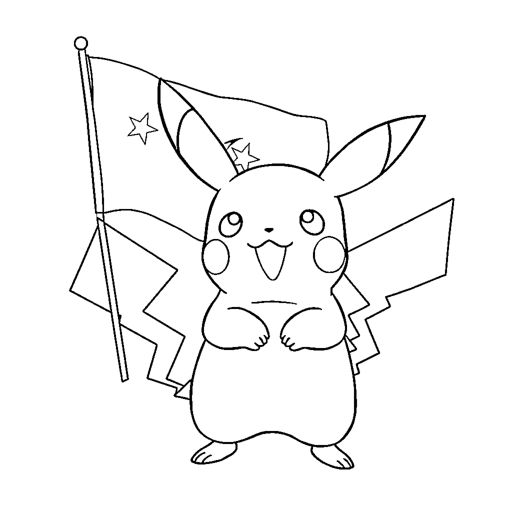 Pikachu waving a flag with stars Coloring Page (free black-and-white line drawing printable PDF for all, from beginners to advanced learners, including children, teens, adults, and seniors)