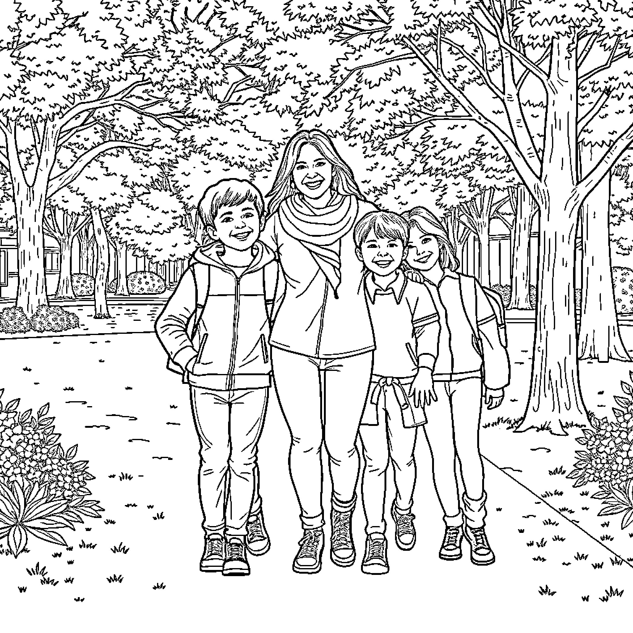 Mother and Children Enjoying Outdoor Walk in the Woods Coloring Page (free black-and-white line drawing printable PDF for all, from beginners to advanced learners, including children, teens, adults, and seniors)
