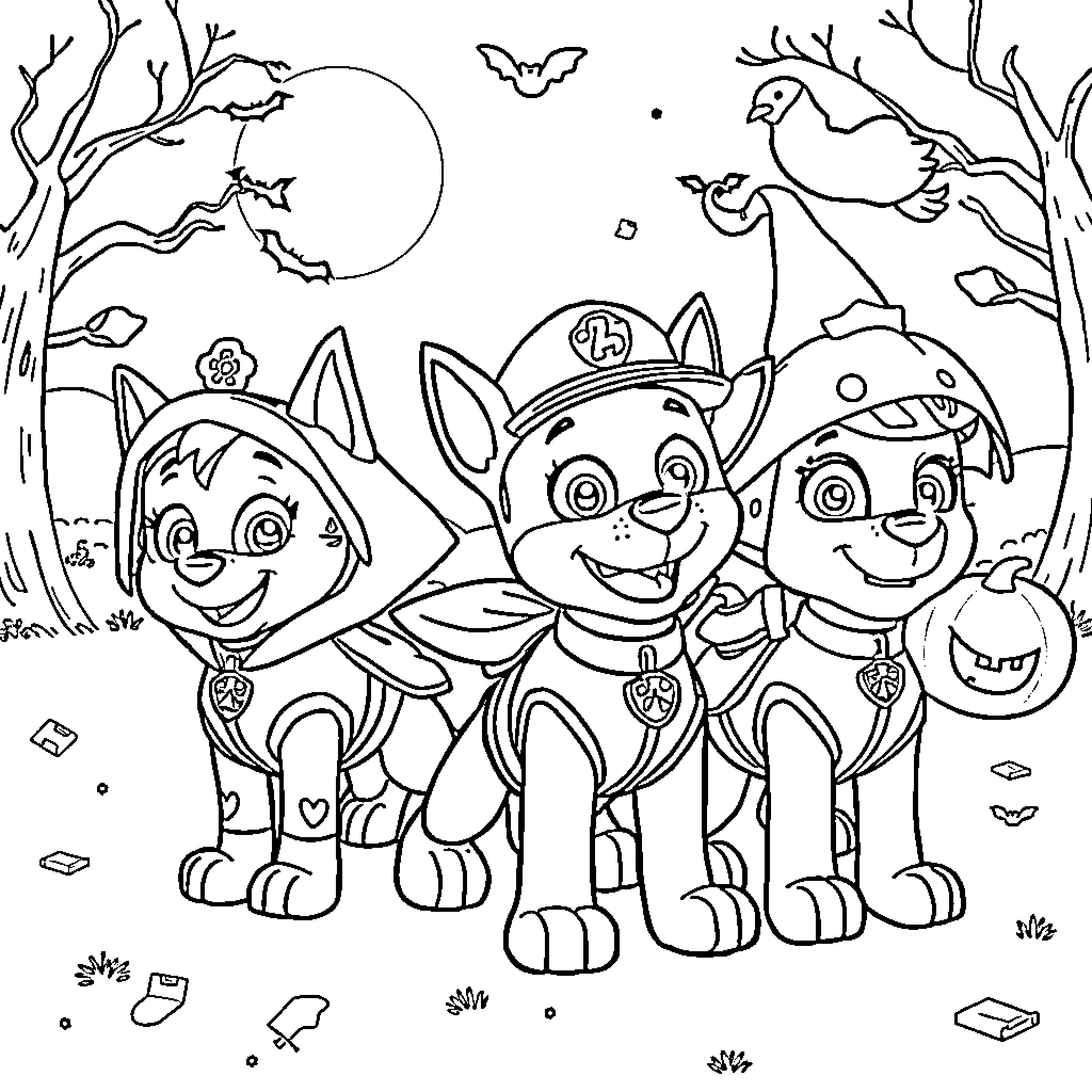 Paw Patrol Team Exploring the Spooky Forest Coloring Page (free black-and-white line drawing printable PDF for all, from beginners to advanced learners, including children, teens, adults, and seniors)