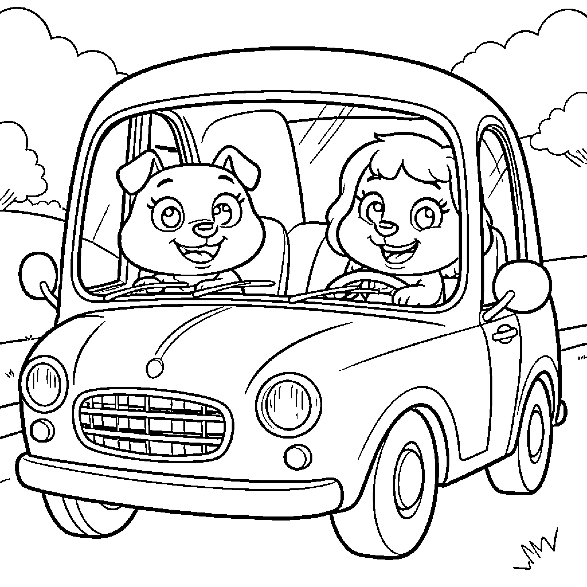 Bluey and friends enjoy a car ride adventure Coloring Page (free black-and-white line drawing printable PDF for all, from beginners to advanced learners, including children, teens, adults, and seniors)