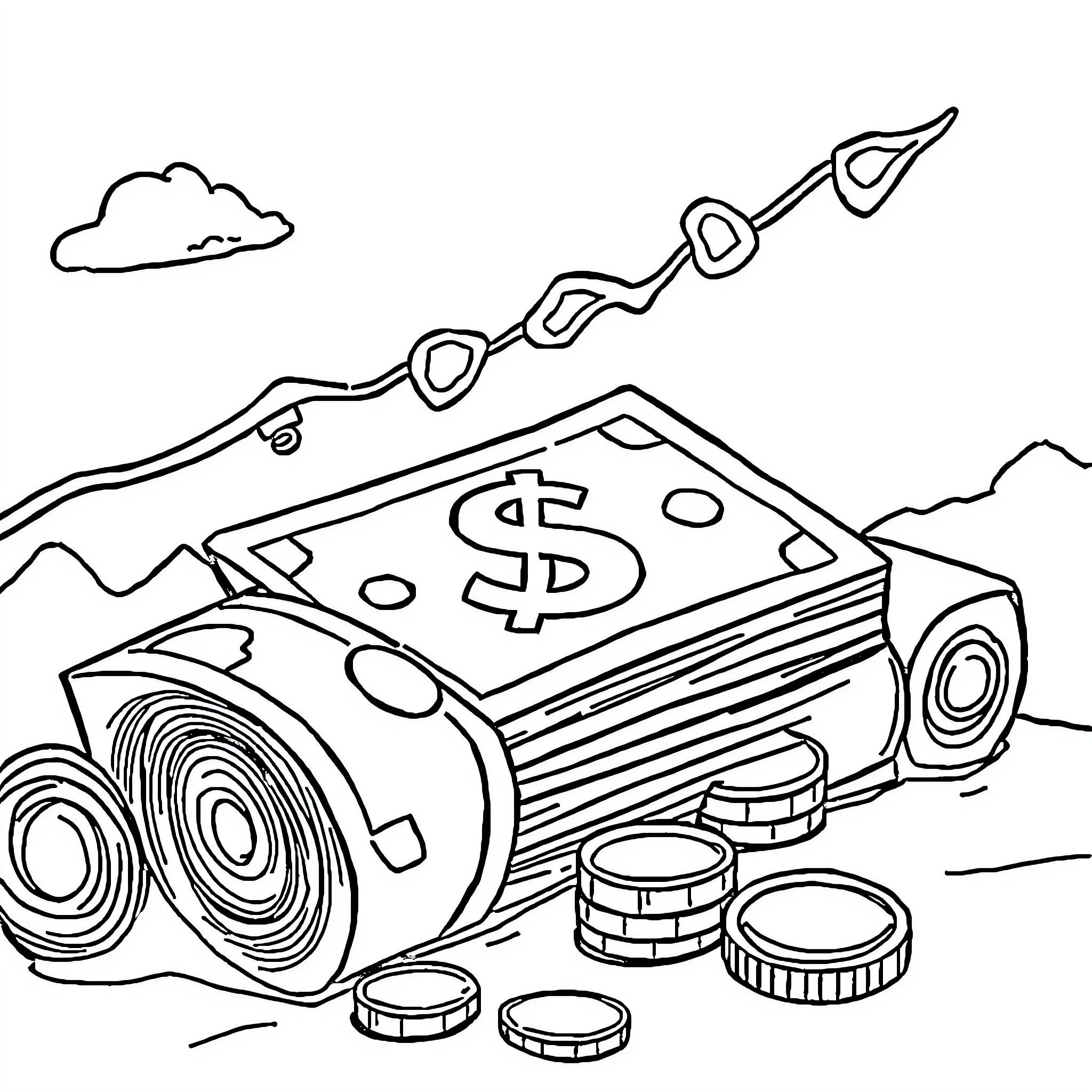 Money Rolling Down a Winding Path Coloring Page (free black-and-white line drawing printable PDF for all, from beginners to advanced learners, including children, teens, adults, and seniors)