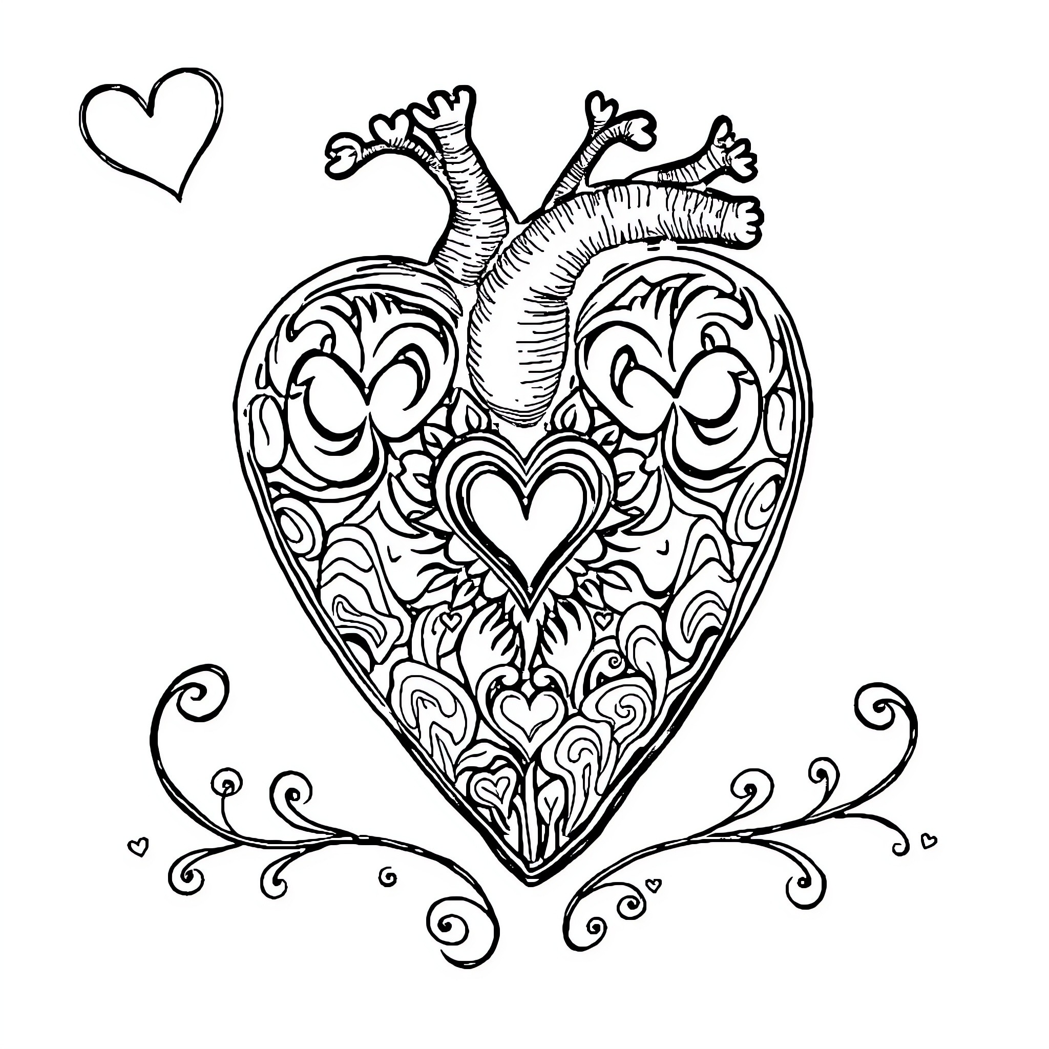Heart-shaped Design with Intricate Patterns Coloring Page (free black-and-white line drawing printable PDF for all, from beginners to advanced learners, including children, teens, adults, and seniors)