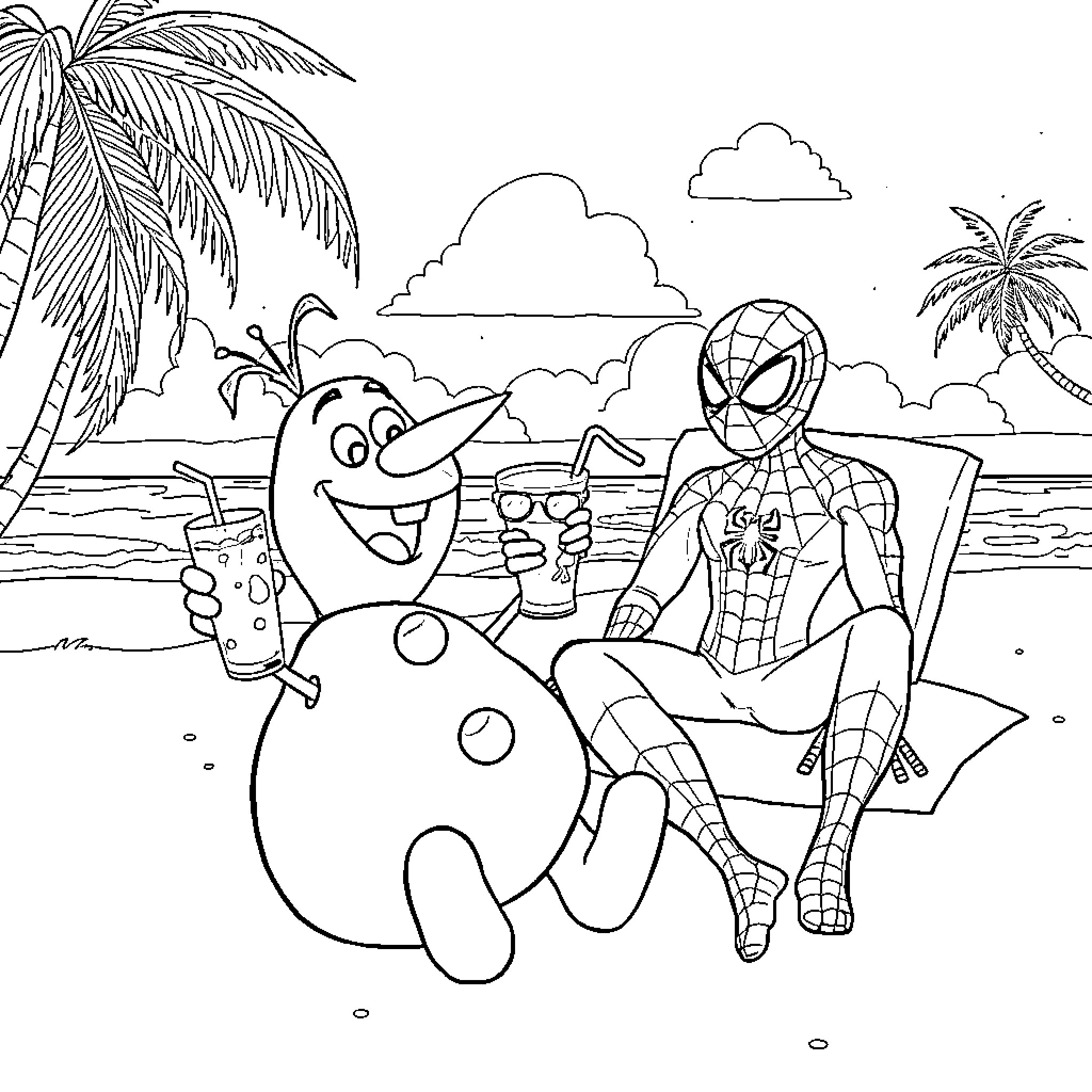Snowman and Superhero Enjoying Beach Fun Coloring Page (free black-and-white line drawing printable PDF for all, from beginners to advanced learners, including children, teens, adults, and seniors)
