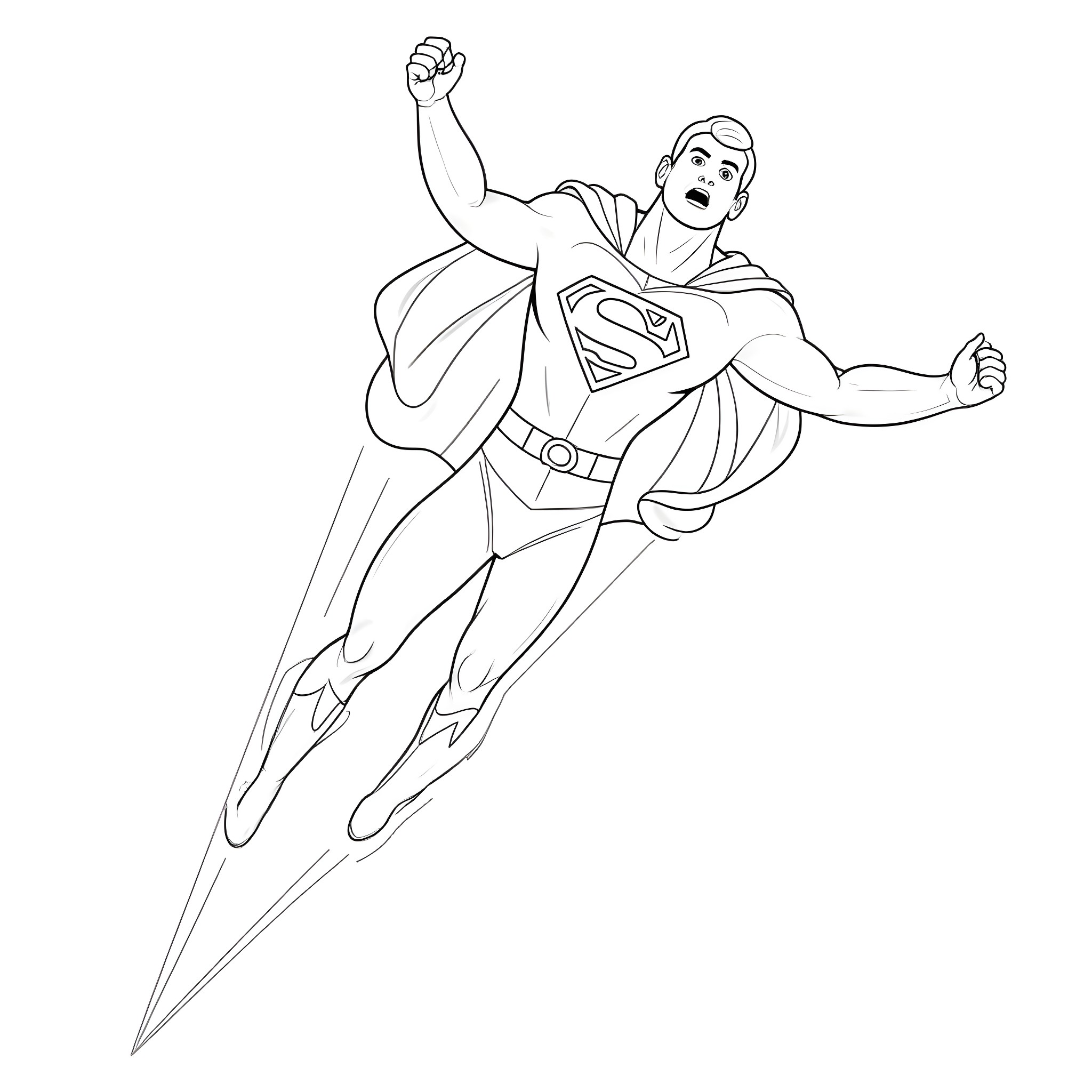 Superman soaring through the sky with determination Coloring Page (free black-and-white line drawing printable PDF for all, from beginners to advanced learners, including children, teens, adults, and seniors)