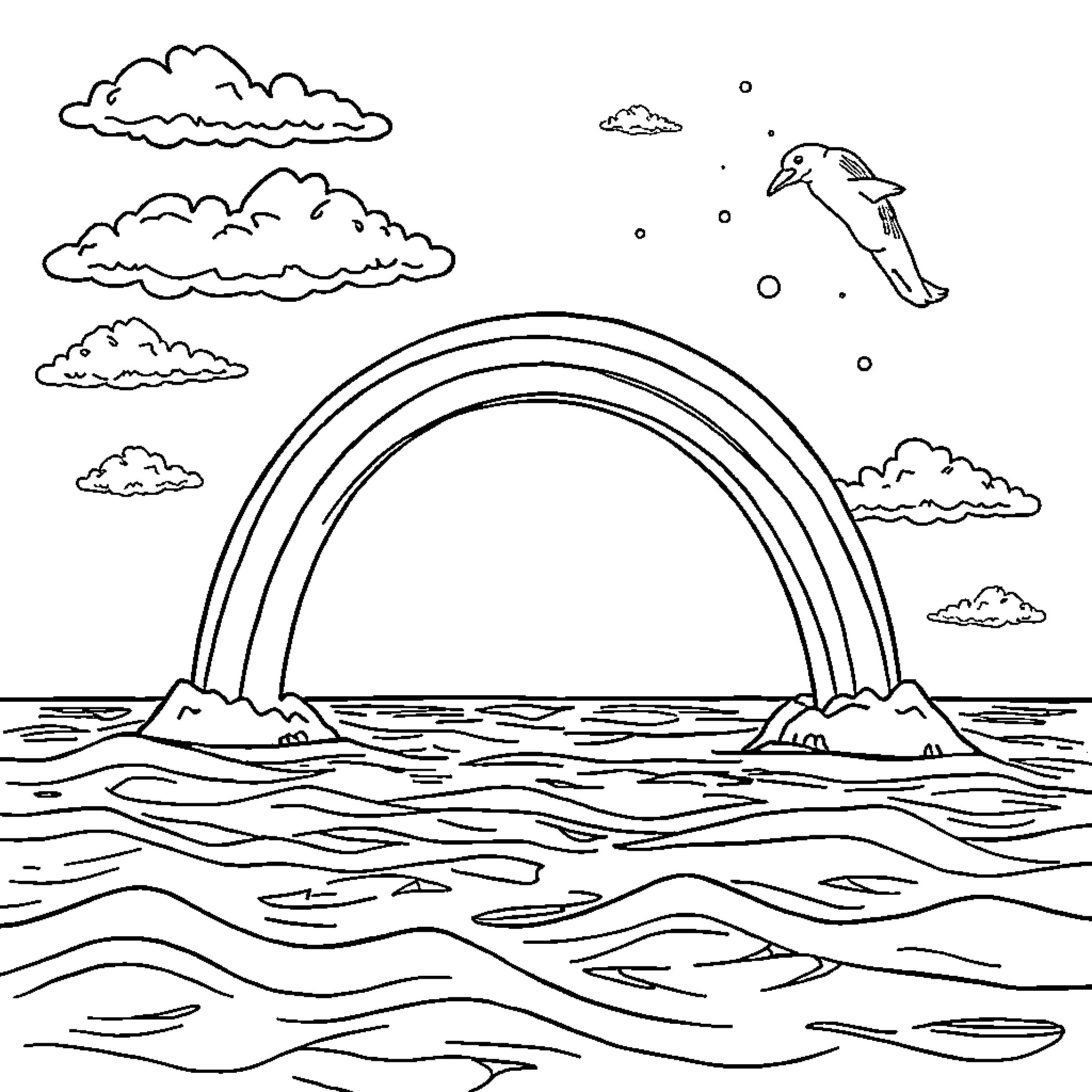 Rainbow over the serene ocean landscape Coloring Page (free black-and-white line drawing printable PDF for all, from beginners to advanced learners, including children, teens, adults, and seniors)