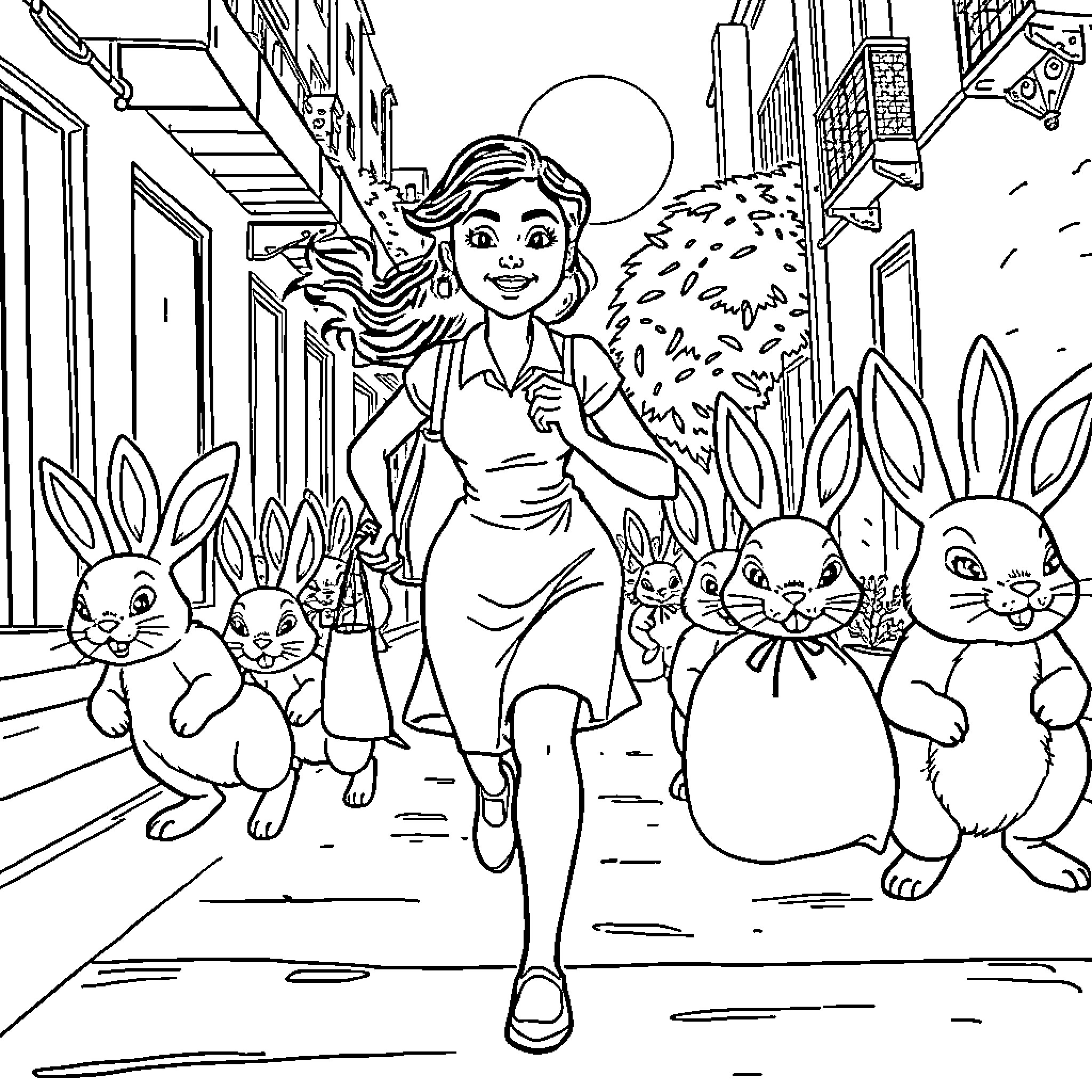 Office Girl Exploring Whimsical City with Rabbits Coloring Page (free black-and-white line drawing printable PDF for all, from beginners to advanced learners, including children, teens, adults, and seniors)