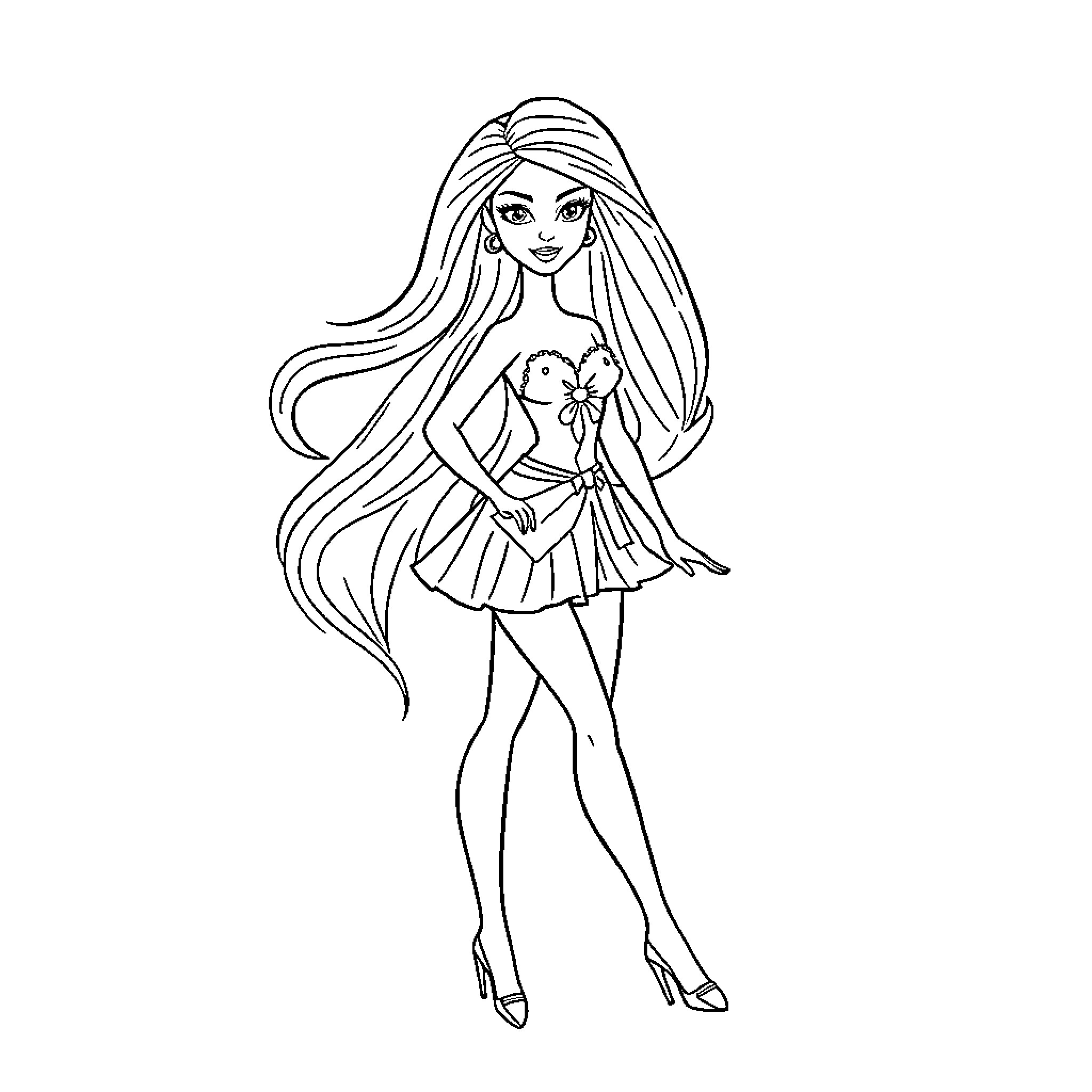 Barbie in a Fashionable Dress and Pose Coloring Page (free black-and-white line drawing printable PDF for all, from beginners to advanced learners, including children, teens, adults, and seniors)
