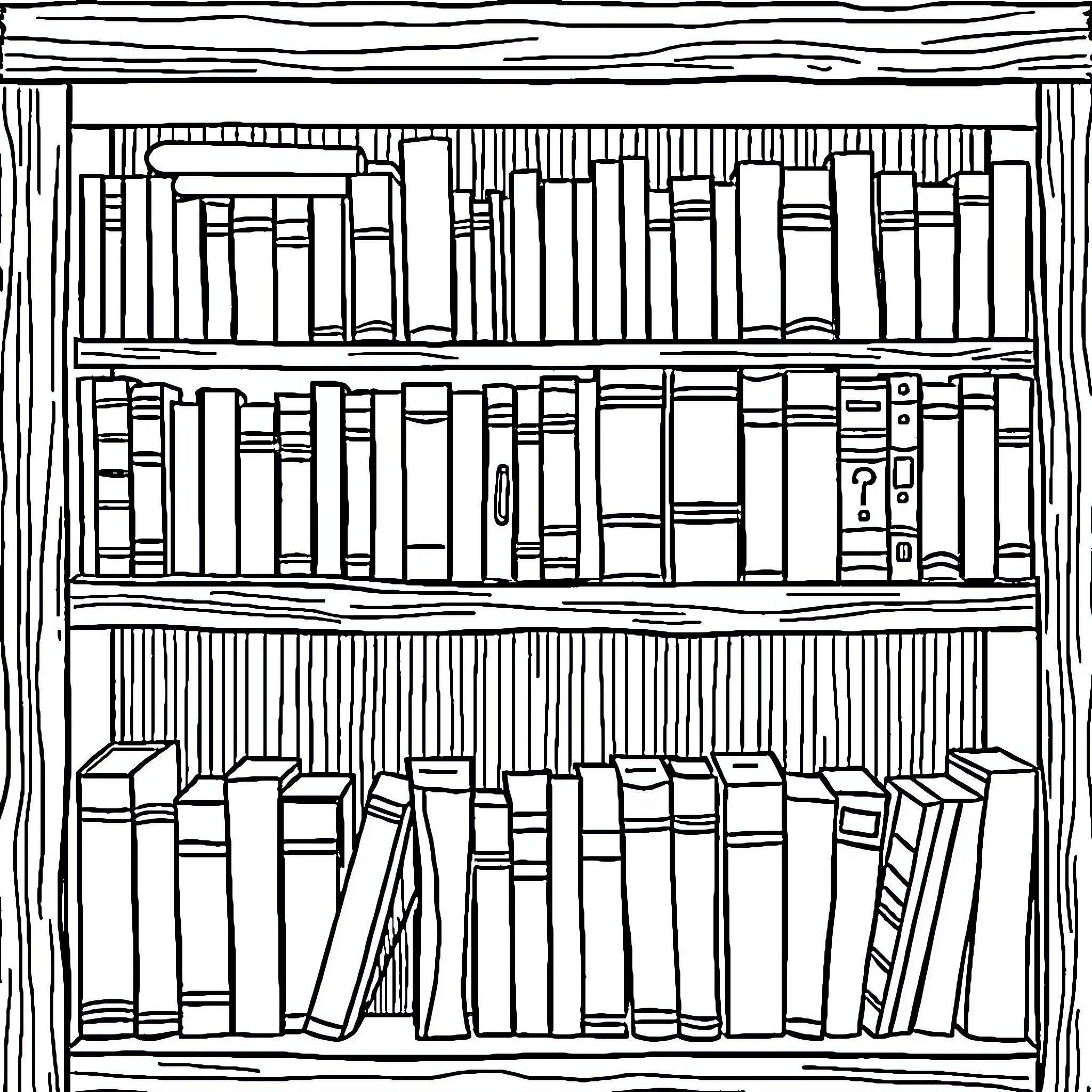 Book Shelves Filled with Books Coloring Page (free black-and-white line drawing printable PDF for all, from beginners to advanced learners, including children, teens, adults, and seniors)