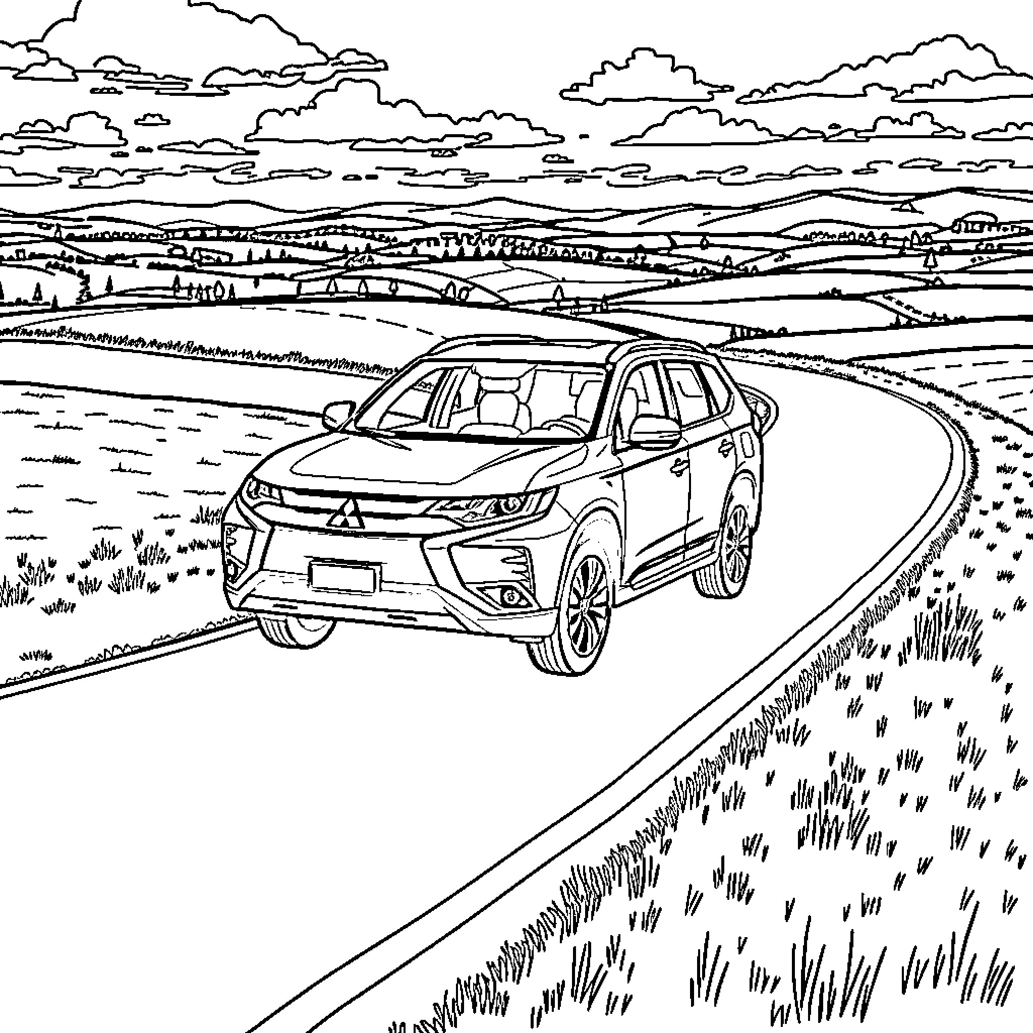 Mitsubishi Outlander driving through scenic landscape Coloring Page (free black-and-white line drawing printable PDF for all, from beginners to advanced learners, including children, teens, adults, and seniors)