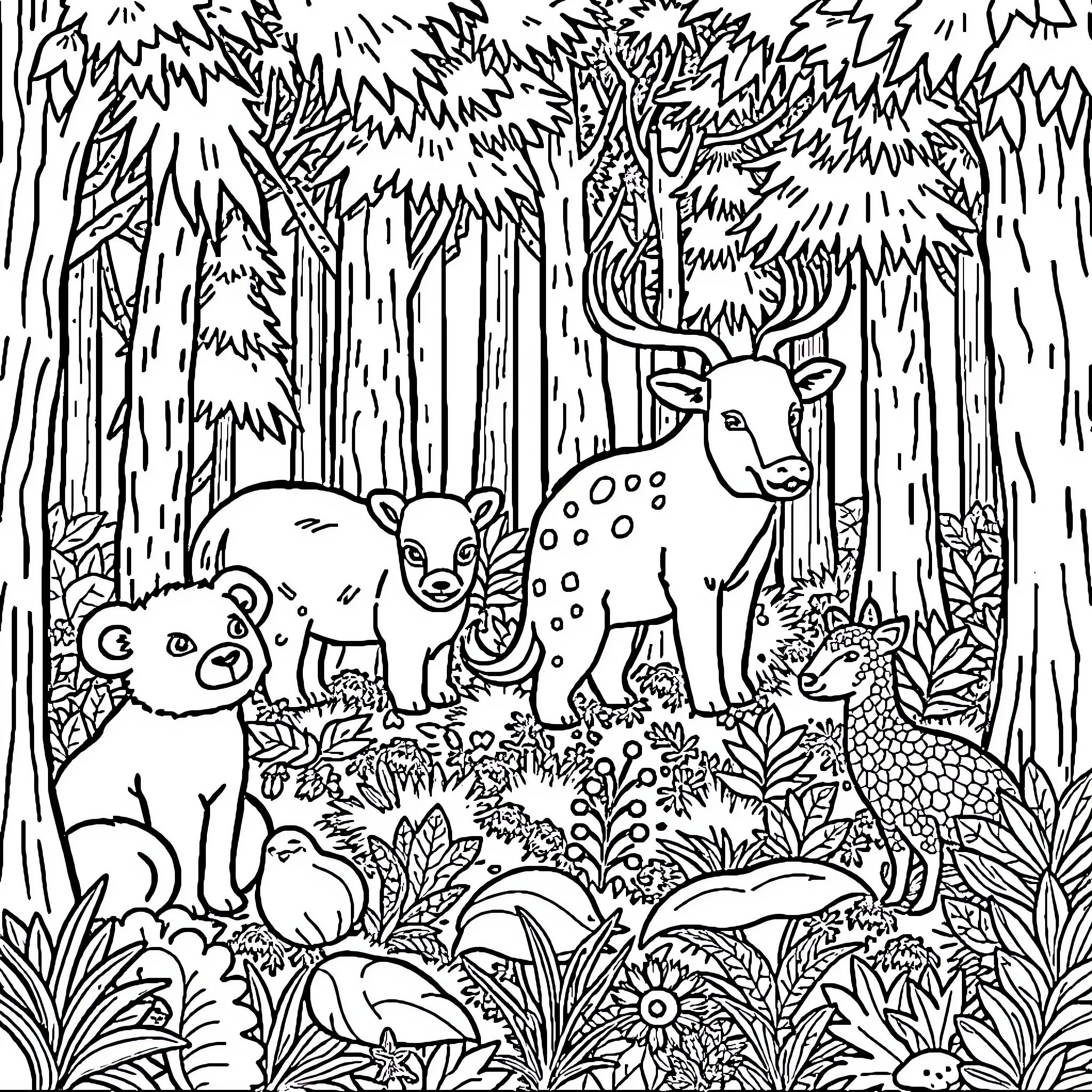 Animal Inhabitants in a Vibrant Forest Scene Coloring Page (free black-and-white line drawing printable PDF for all, from beginners to advanced learners, including children, teens, adults, and seniors)