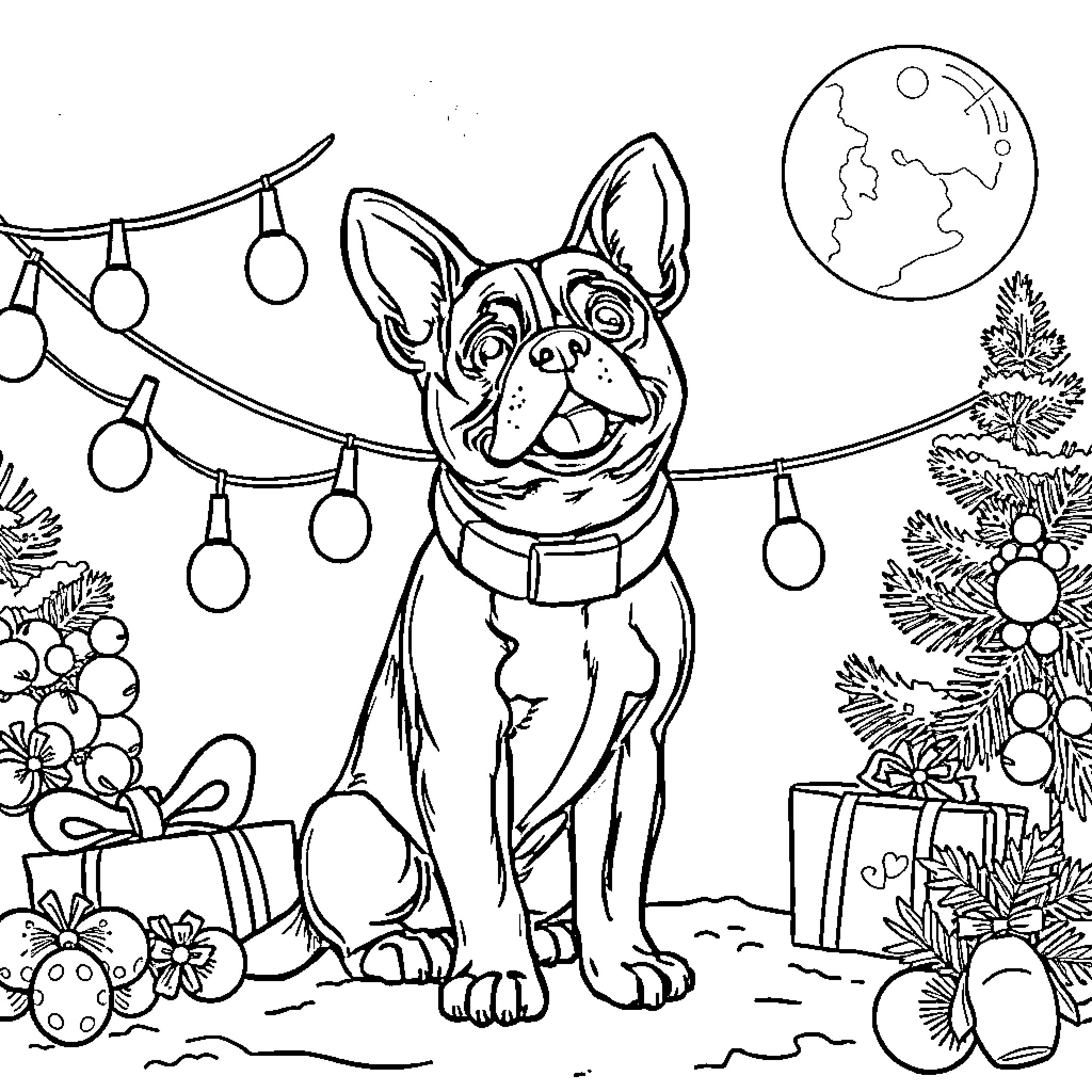 Paw Patrol dog celebrating Christmas with decorations Coloring Page (free black-and-white line drawing printable PDF for all, from beginners to advanced learners, including children, teens, adults, and seniors)