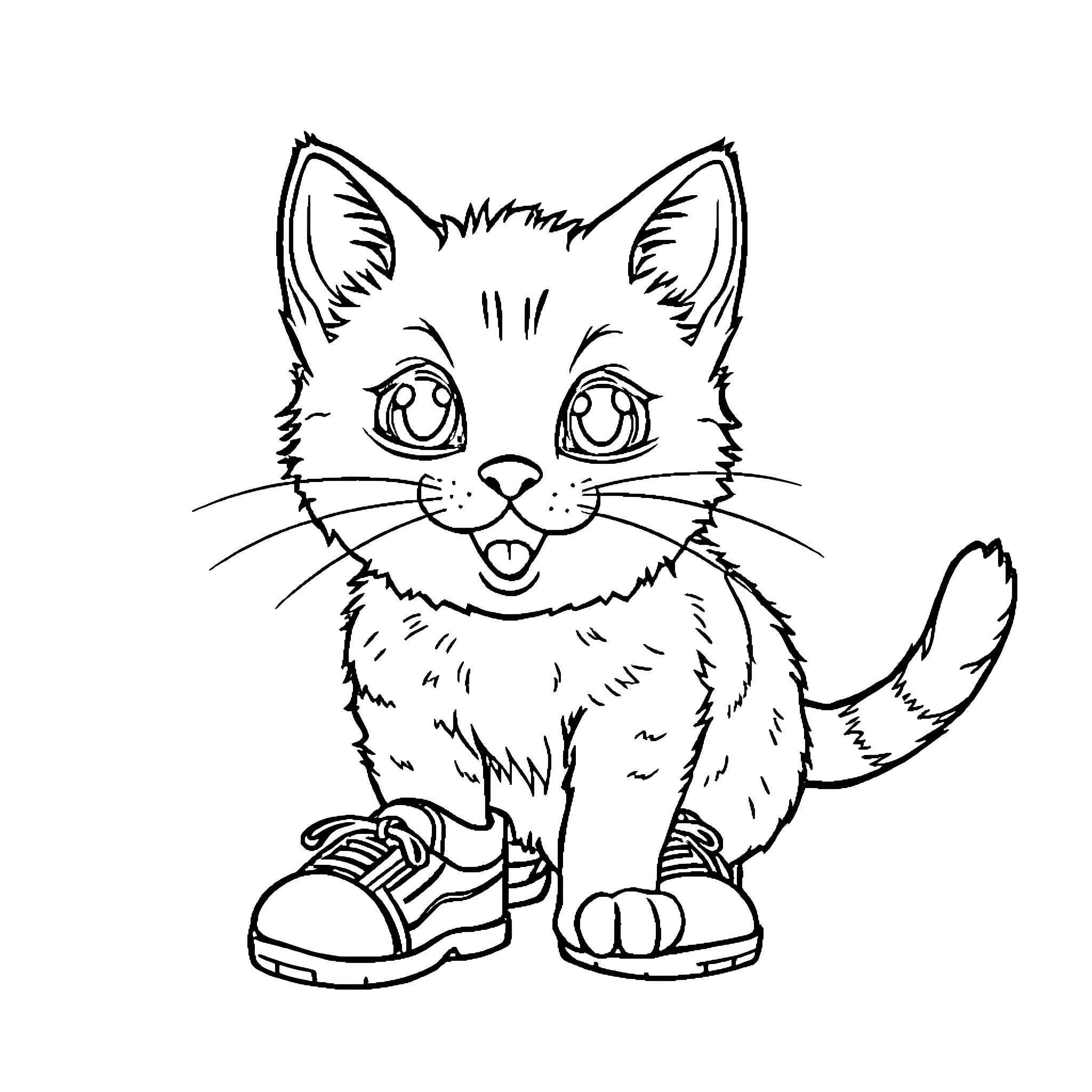 Cat wearing shoes and expressing joy Coloring Page (free black-and-white line drawing printable PDF for all, from beginners to advanced learners, including children, teens, adults, and seniors)