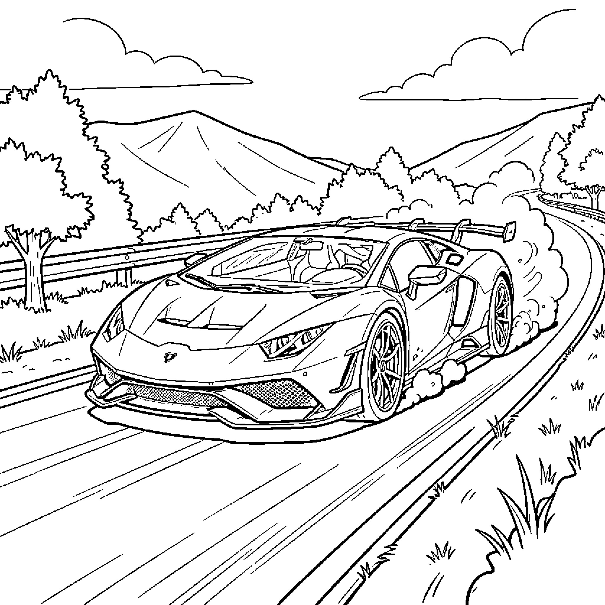 Lamborghini speeding along a winding mountain road Coloring Page (free black-and-white line drawing printable PDF for all, from beginners to advanced learners, including children, teens, adults, and seniors)