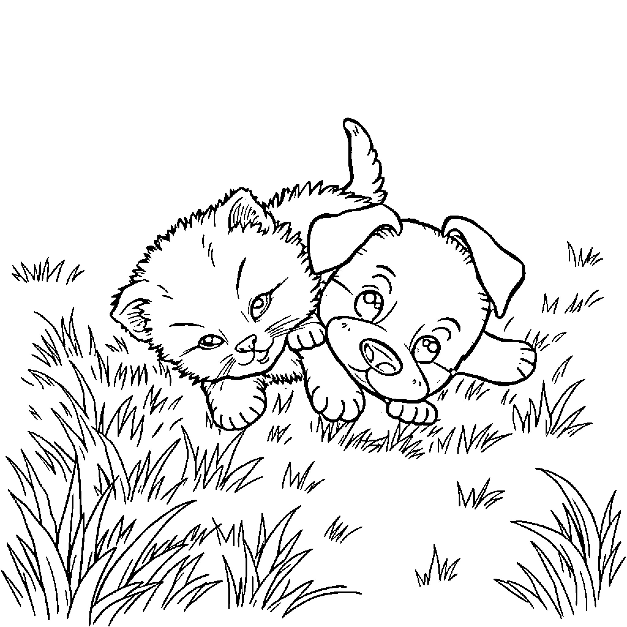 Kittens playing together in the grass Coloring Page (free black-and-white line drawing printable PDF for all, from beginners to advanced learners, including children, teens, adults, and seniors)