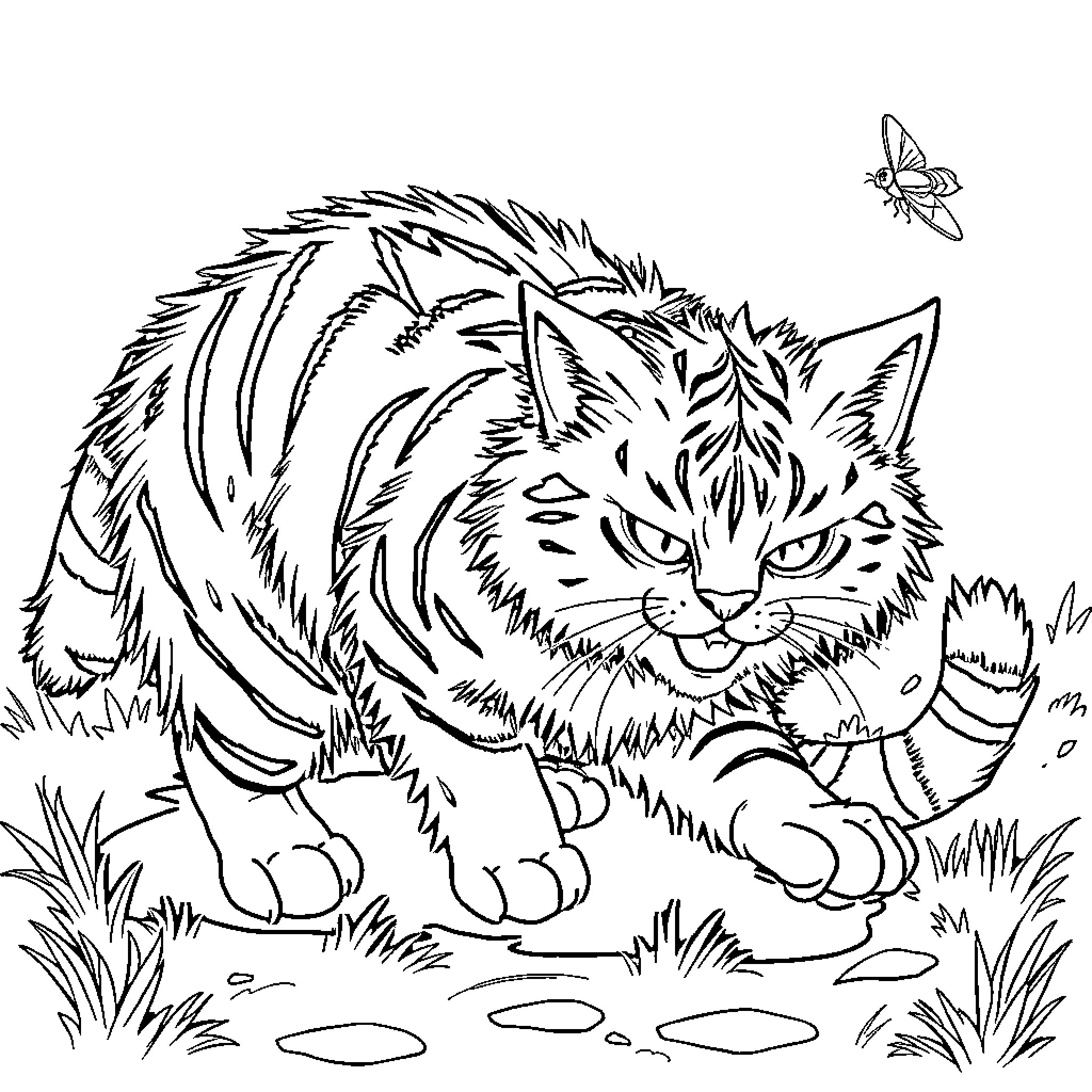 Cat stalking a butterfly in the grass Coloring Page (free black-and-white line drawing printable PDF for all, from beginners to advanced learners, including children, teens, adults, and seniors)