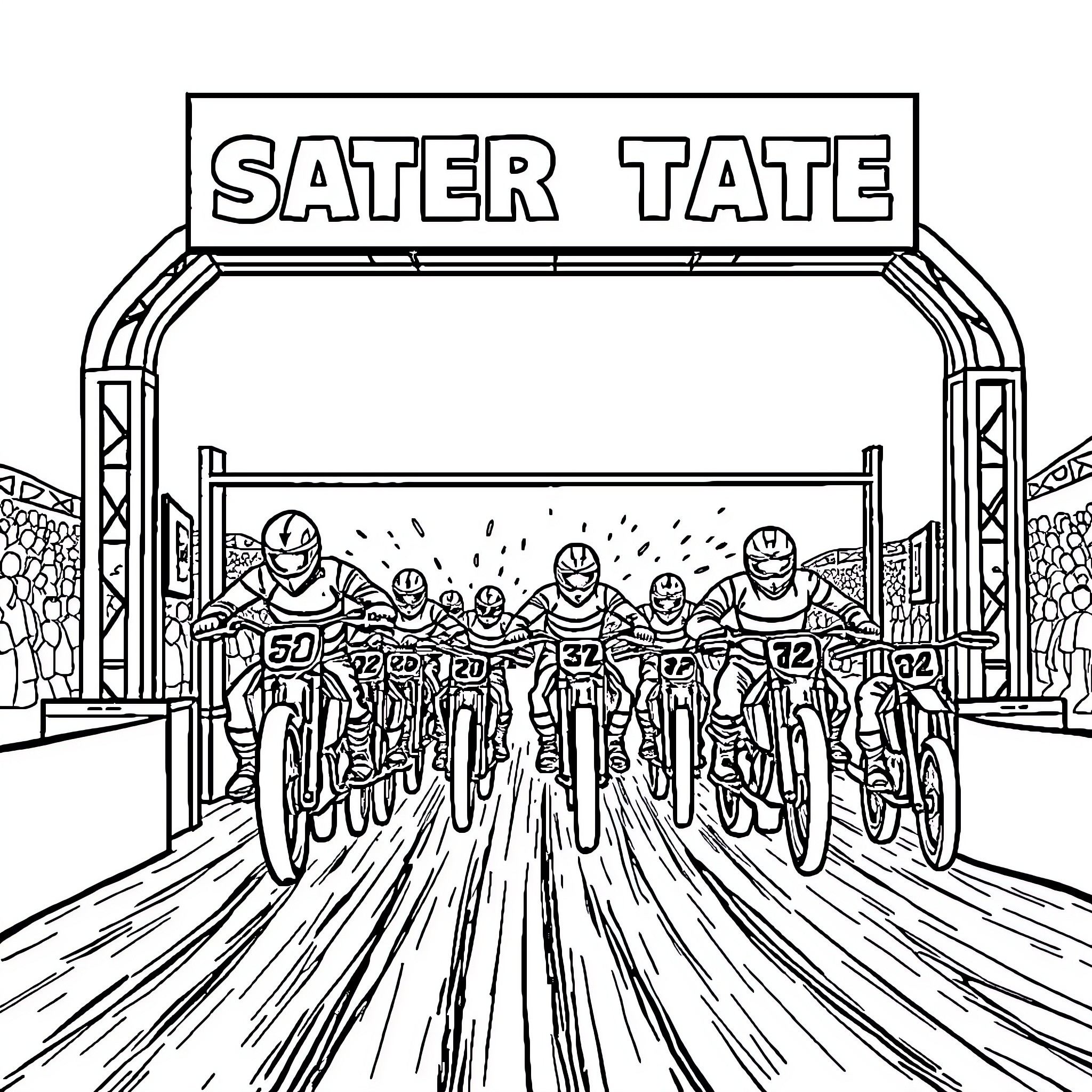 Supercross Motorcyclists Speeding Through the Gate Coloring Page (free black-and-white line drawing printable PDF for all, from beginners to advanced learners, including children, teens, adults, and seniors)