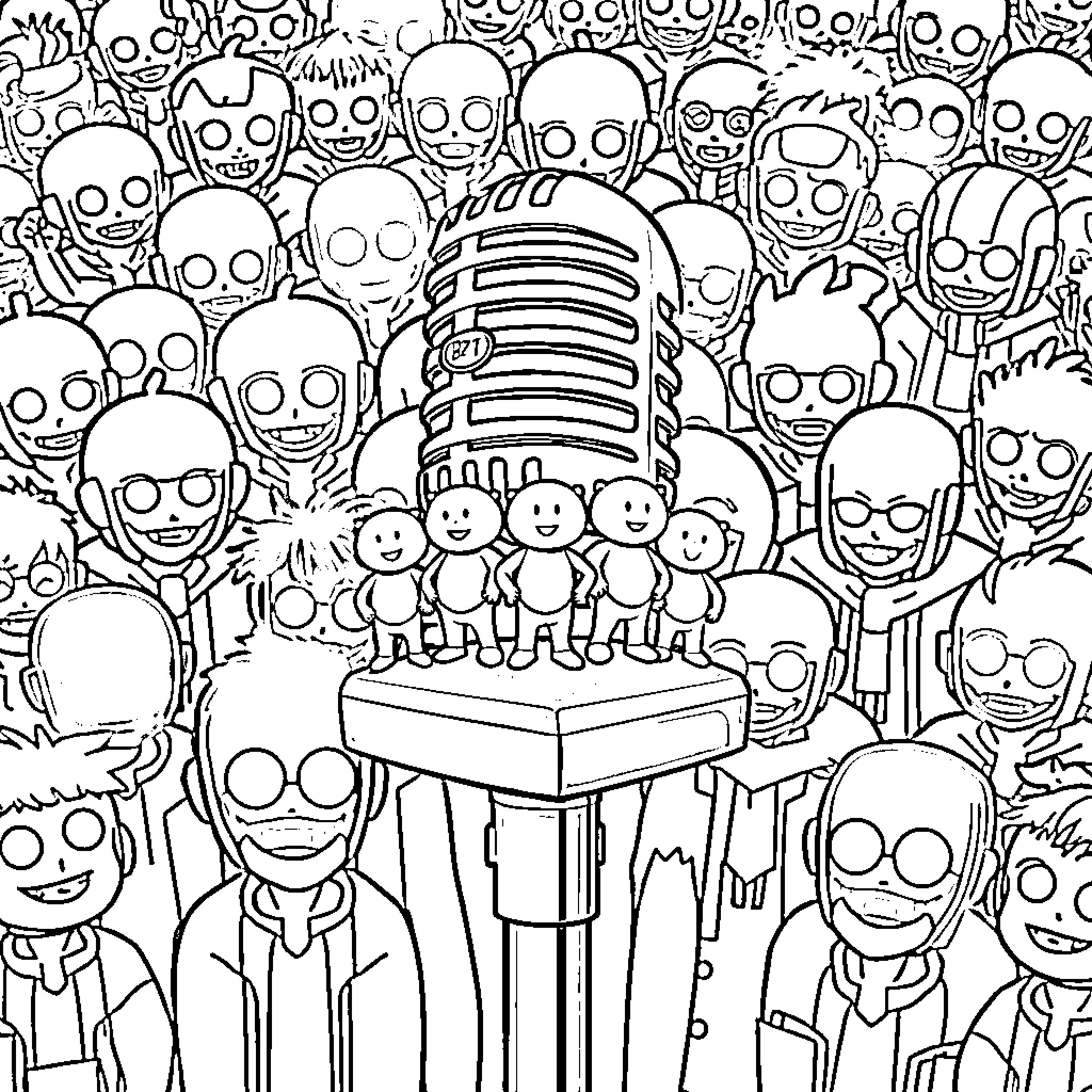 Tiny Tan Crowd Gathered Around Microphone Coloring Page (free black-and-white line drawing printable PDF for all, from beginners to advanced learners, including children, teens, adults, and seniors)