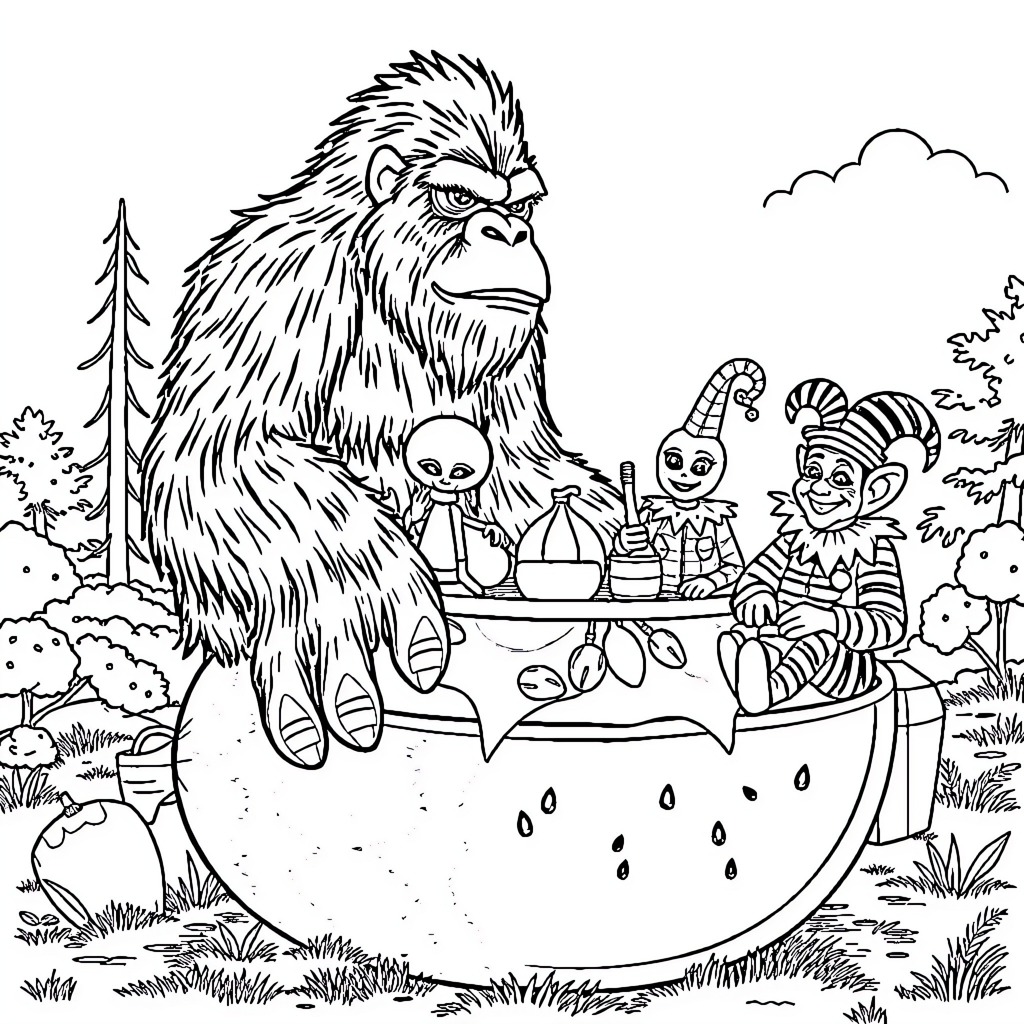 Bigfoot hosting a picnic with forest friends Coloring Page (free black-and-white line drawing printable PDF for all, from beginners to advanced learners, including children, teens, adults, and seniors)