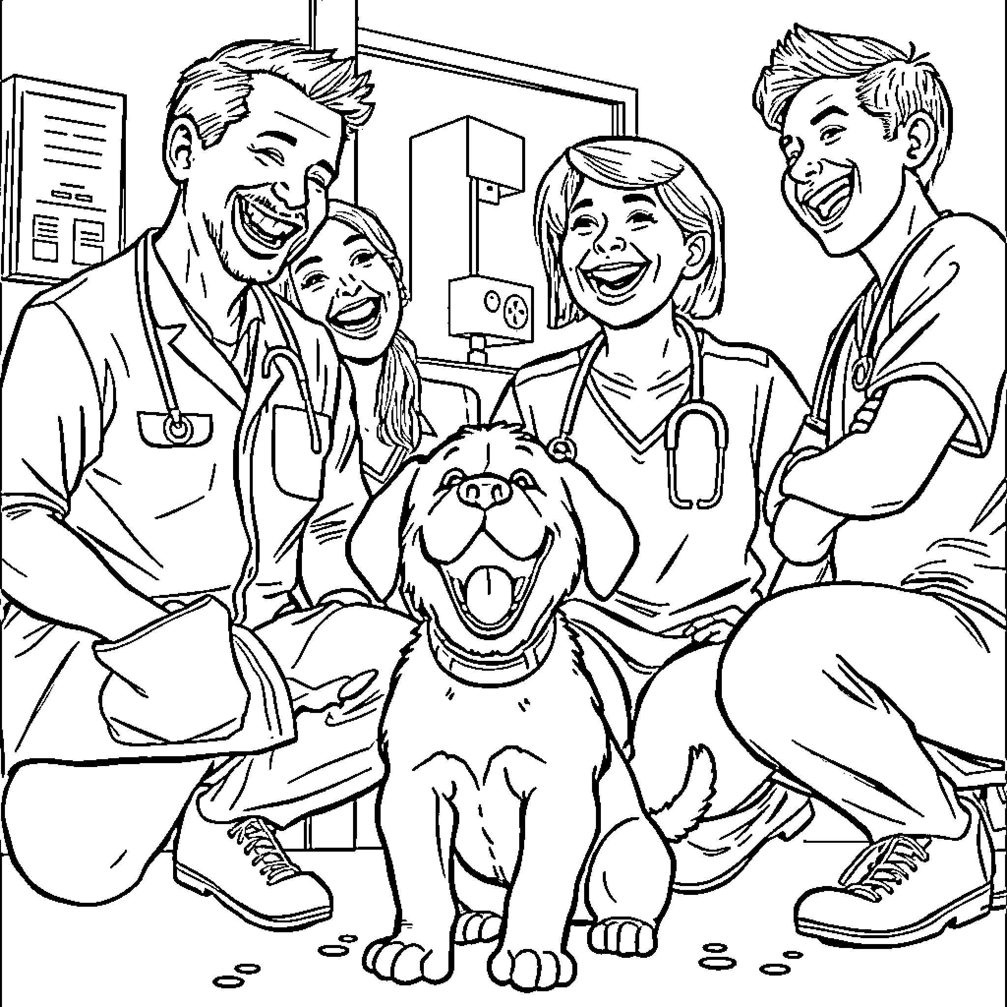 Veterinary Team Caring for Happy Dog Coloring Page (free black-and-white line drawing printable PDF for all, from beginners to advanced learners, including children, teens, adults, and seniors)