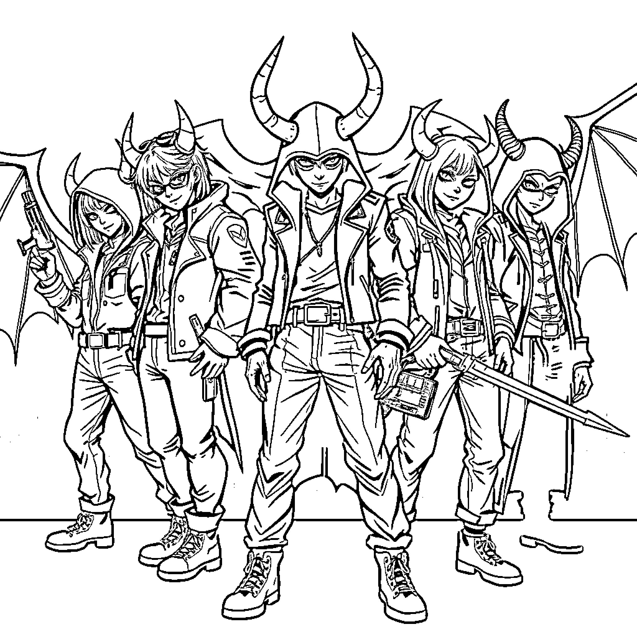 Demon Hunter Crew in Fierce Outfits and Expressions Coloring Page (free black-and-white line drawing printable PDF for all, from beginners to advanced learners, including children, teens, adults, and seniors)